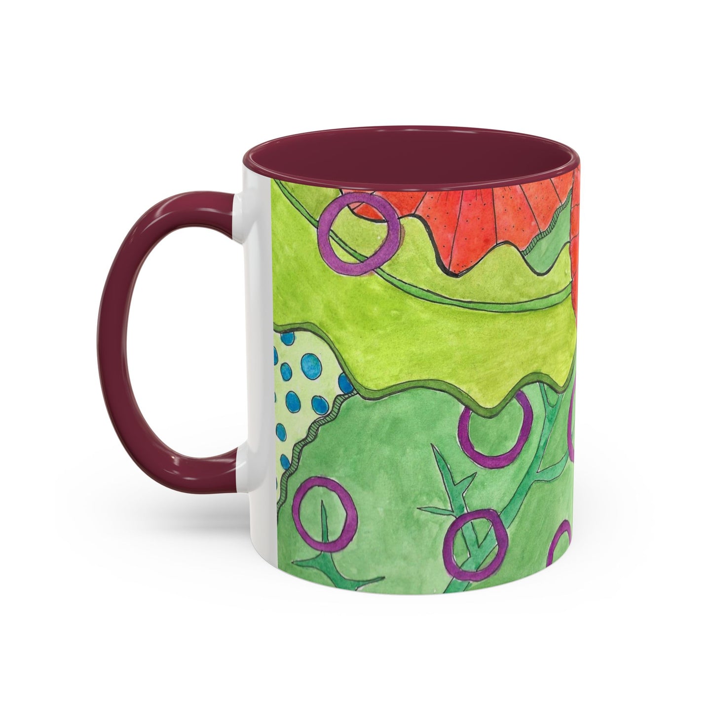 Floral Pop Art Mug — Bright Red Poppies on Green Background 11oz