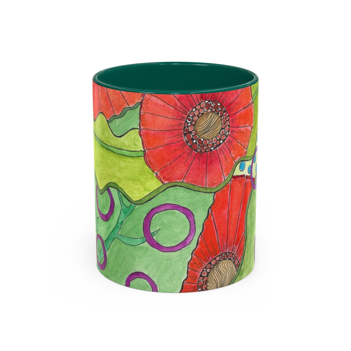 Floral Pop Art Mug — Bright Red Poppies on Green Background 11oz