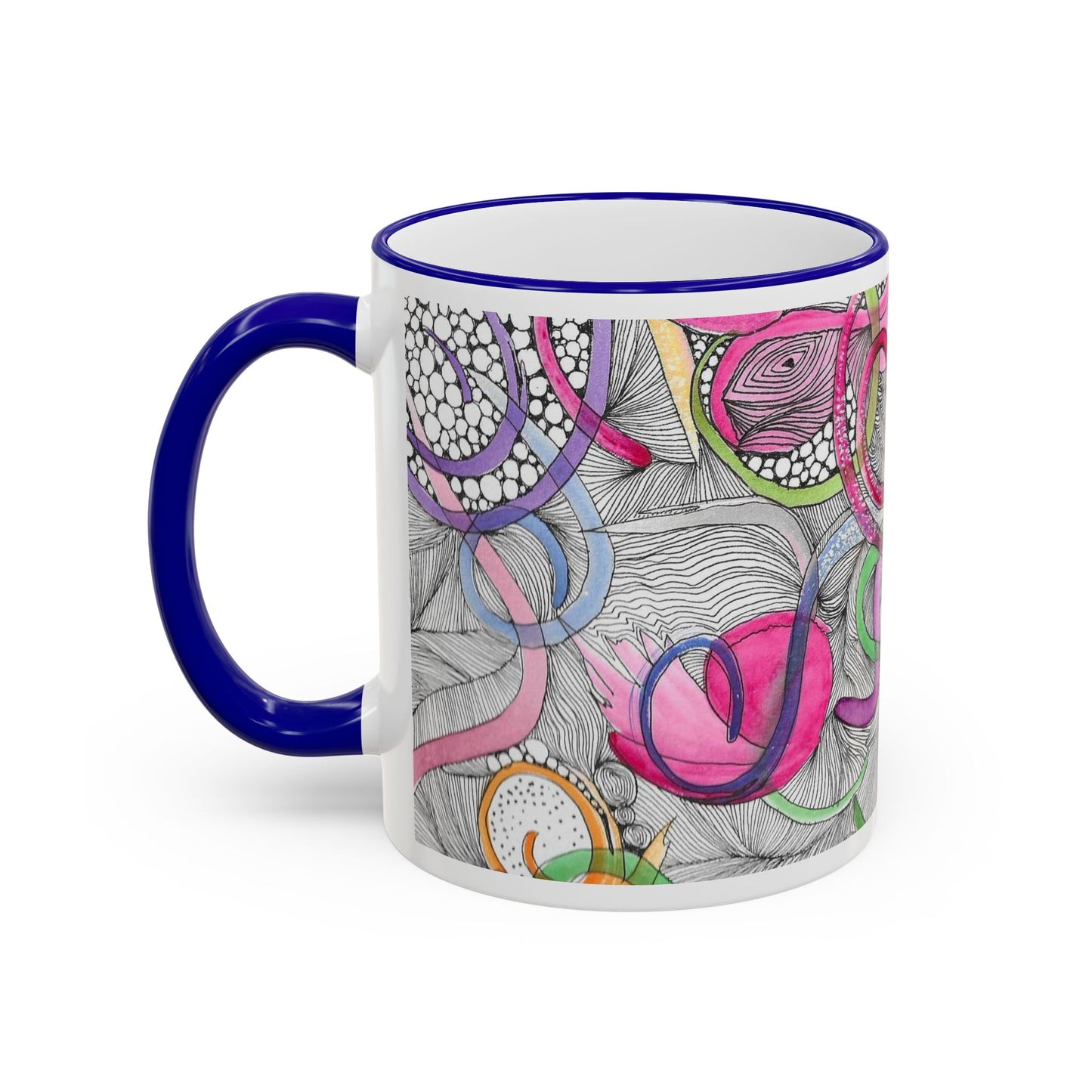 Abstract Colorful Swirls Accent Rim Mug — Artistic Floral Doodle Coffee Cup (11oz/15oz)