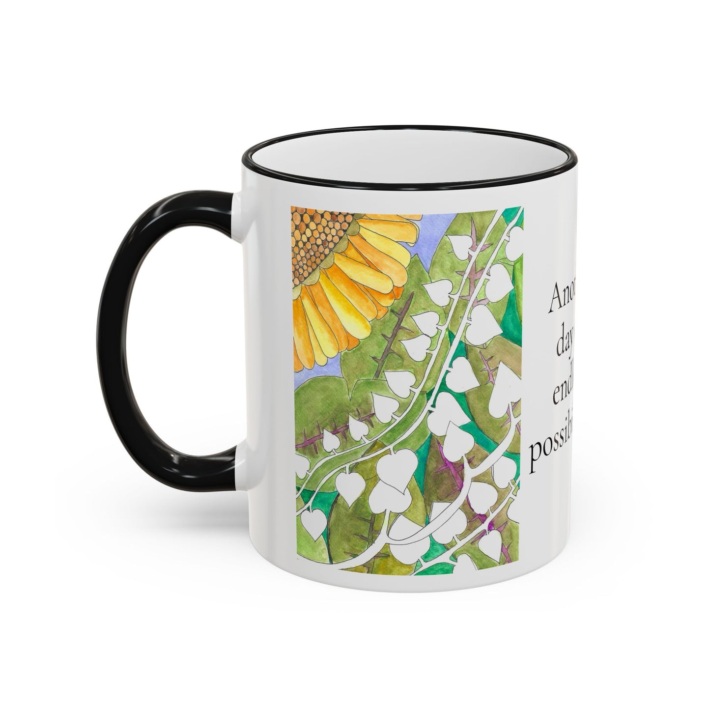 Inspirational Sunflower Accent Rim Mug — "Another day of endless possibilities" 11oz
