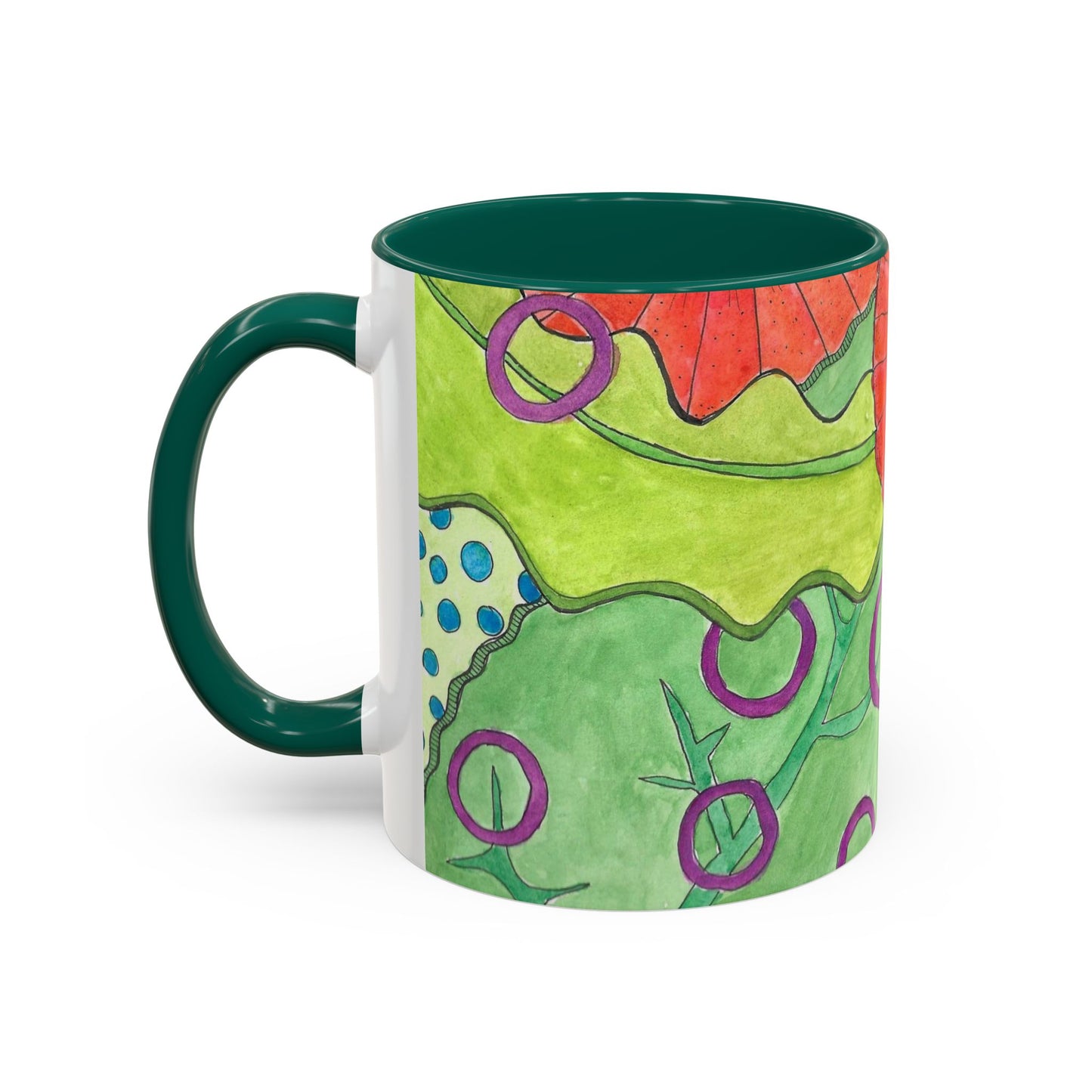 Floral Pop Art Mug — Bright Red Poppies on Green Background 11oz