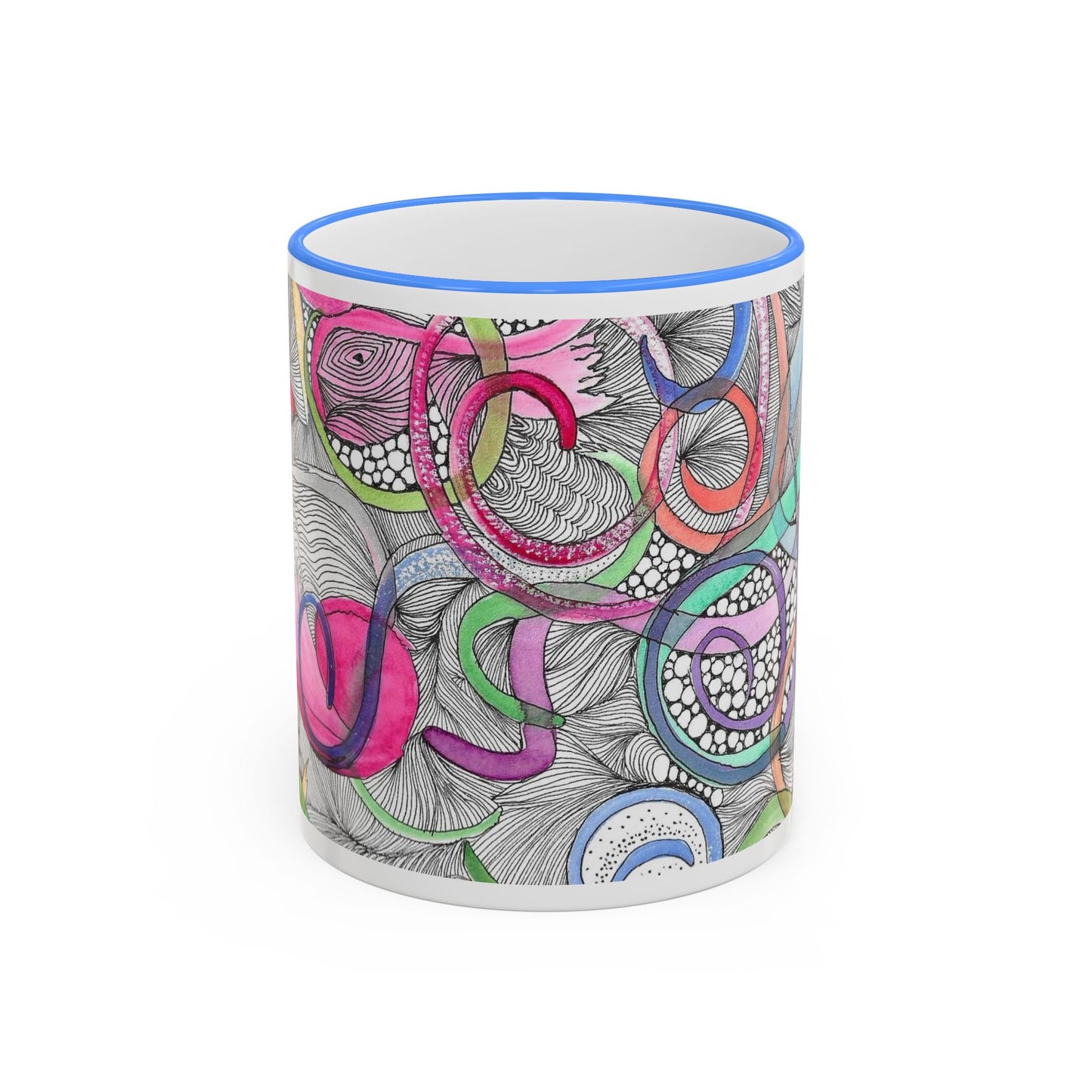 Abstract Colorful Swirls Accent Rim Mug — Artistic Floral Doodle Coffee Cup (11oz/15oz)