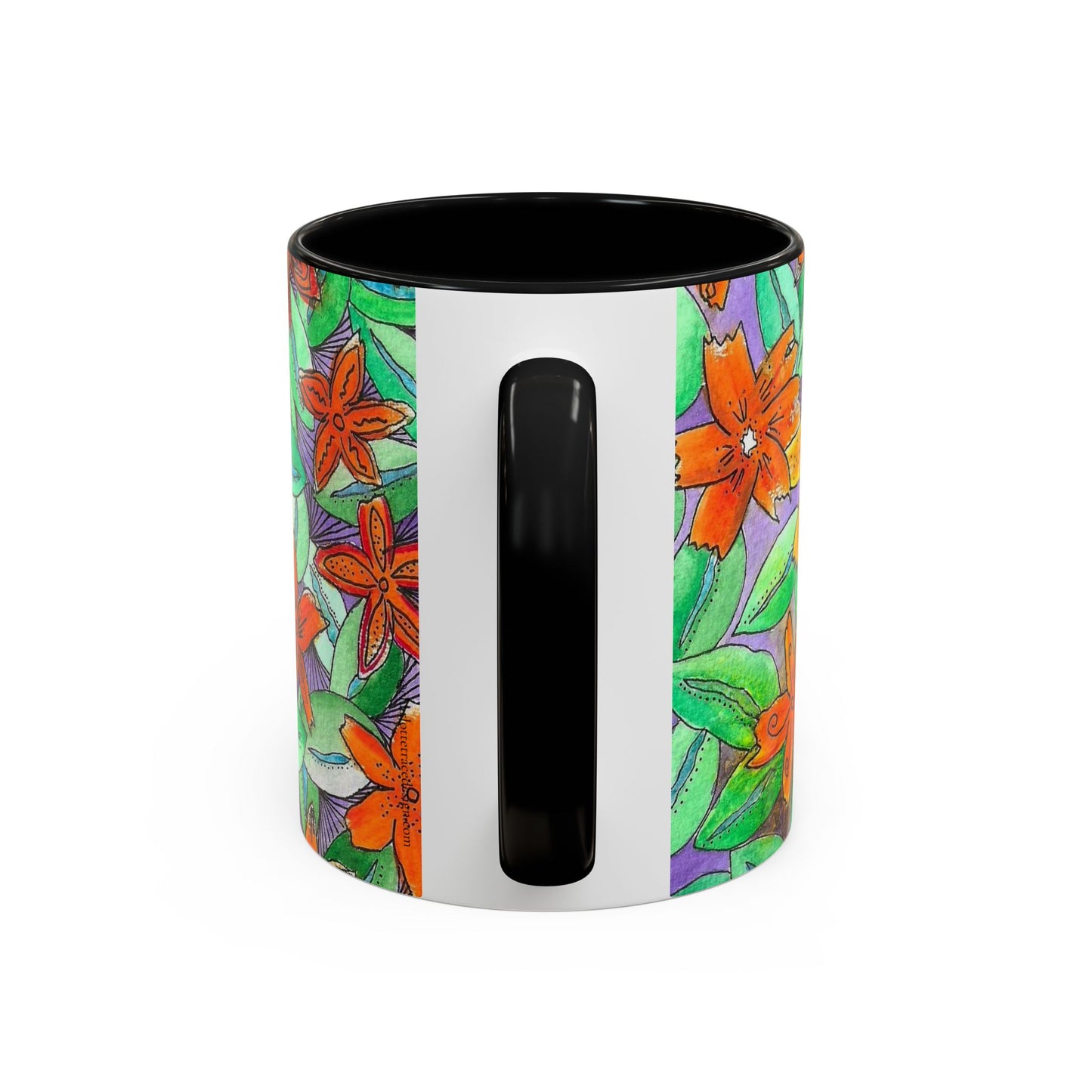 Floral Burst Accent Coffee Mug — Orange & Green Hand-Drawn Flower Design (11 oz)