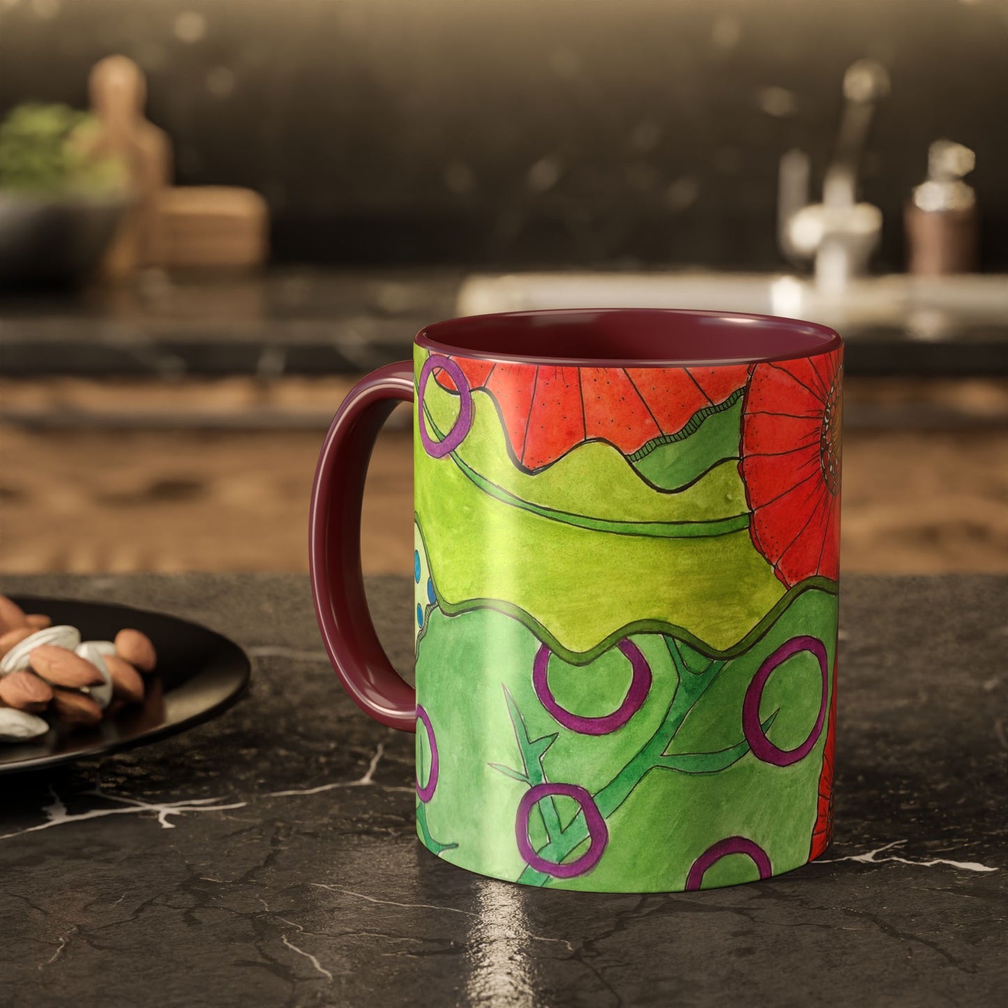 Floral Pop Art Mug — Bright Red Poppies on Green Background 11oz