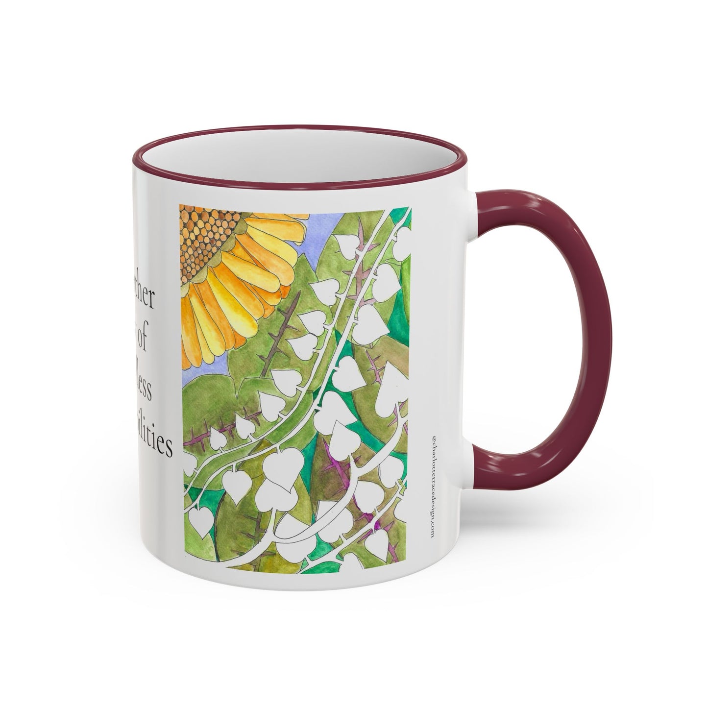 Inspirational Sunflower Accent Rim Mug — "Another day of endless possibilities" 11oz