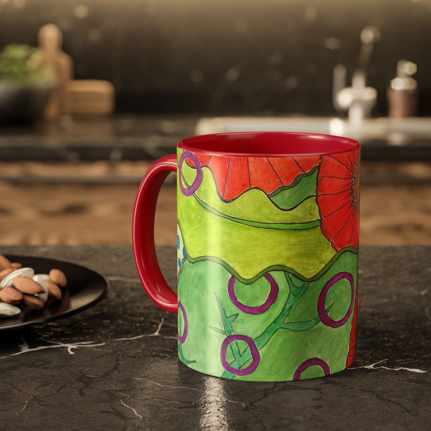 Floral Pop Art Mug — Bright Red Poppies on Green Background 11oz