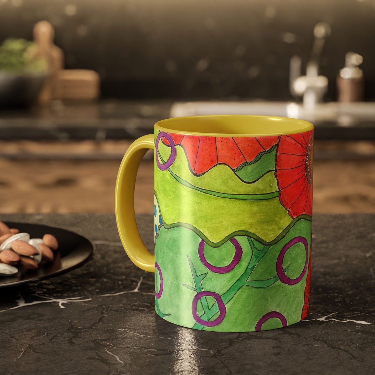 Floral Pop Art Mug — Bright Red Poppies on Green Background 11oz