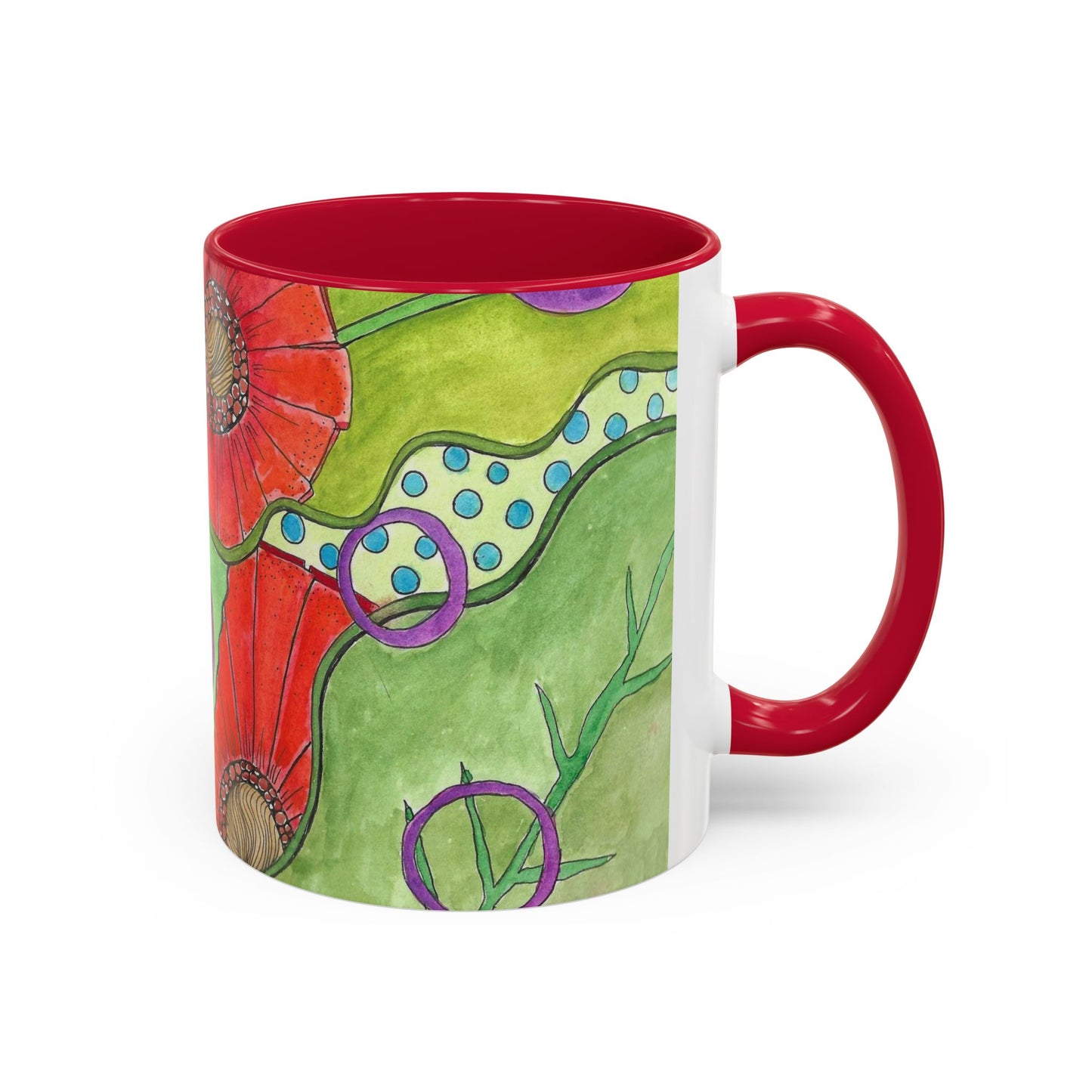 Floral Pop Art Mug — Bright Red Poppies on Green Background 11oz