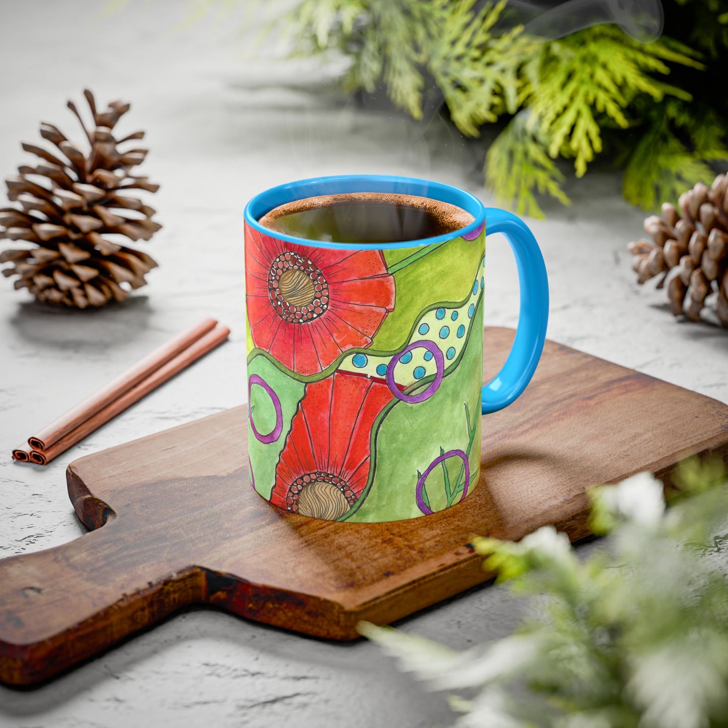 Floral Pop Art Mug — Bright Red Poppies on Green Background 11oz