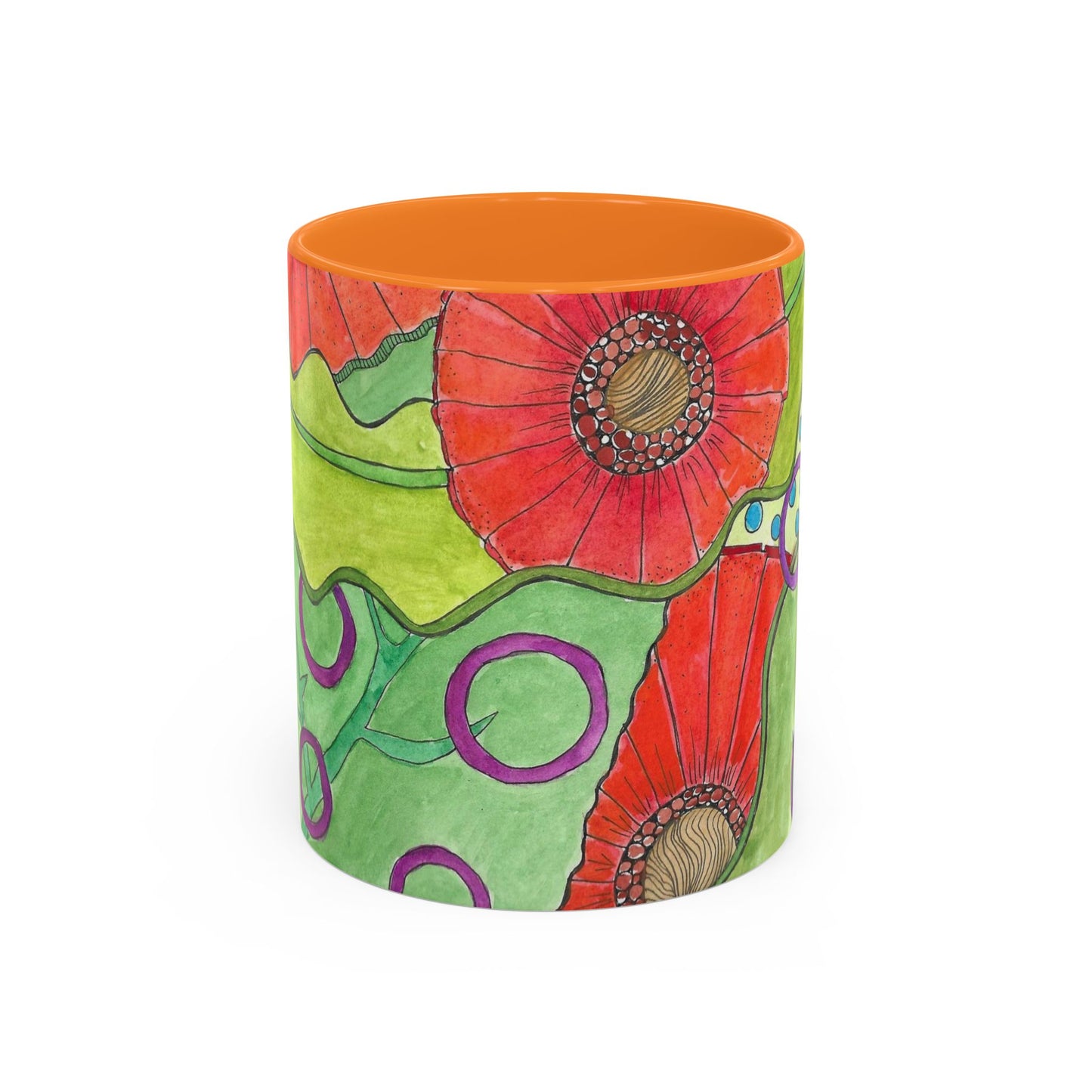 Floral Pop Art Mug — Bright Red Poppies on Green Background 11oz