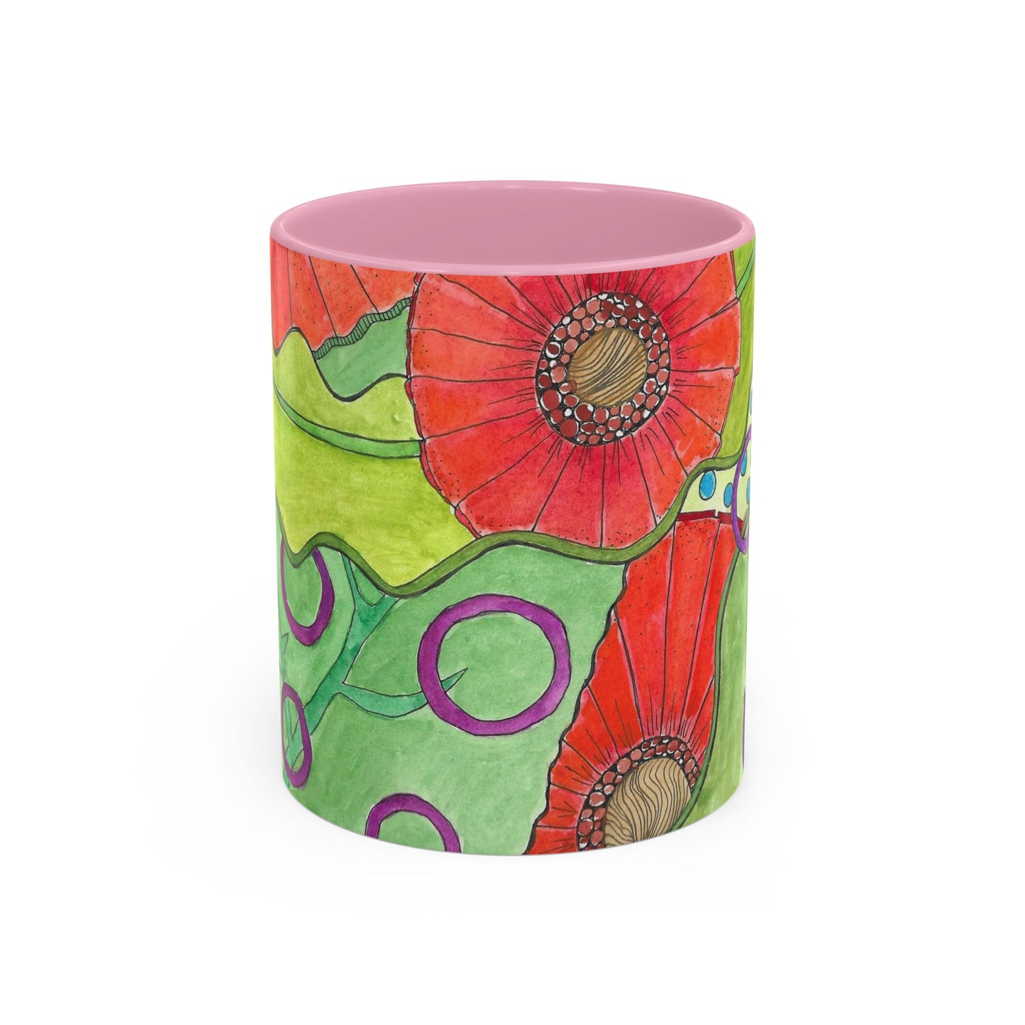 Floral Pop Art Mug — Bright Red Poppies on Green Background 11oz