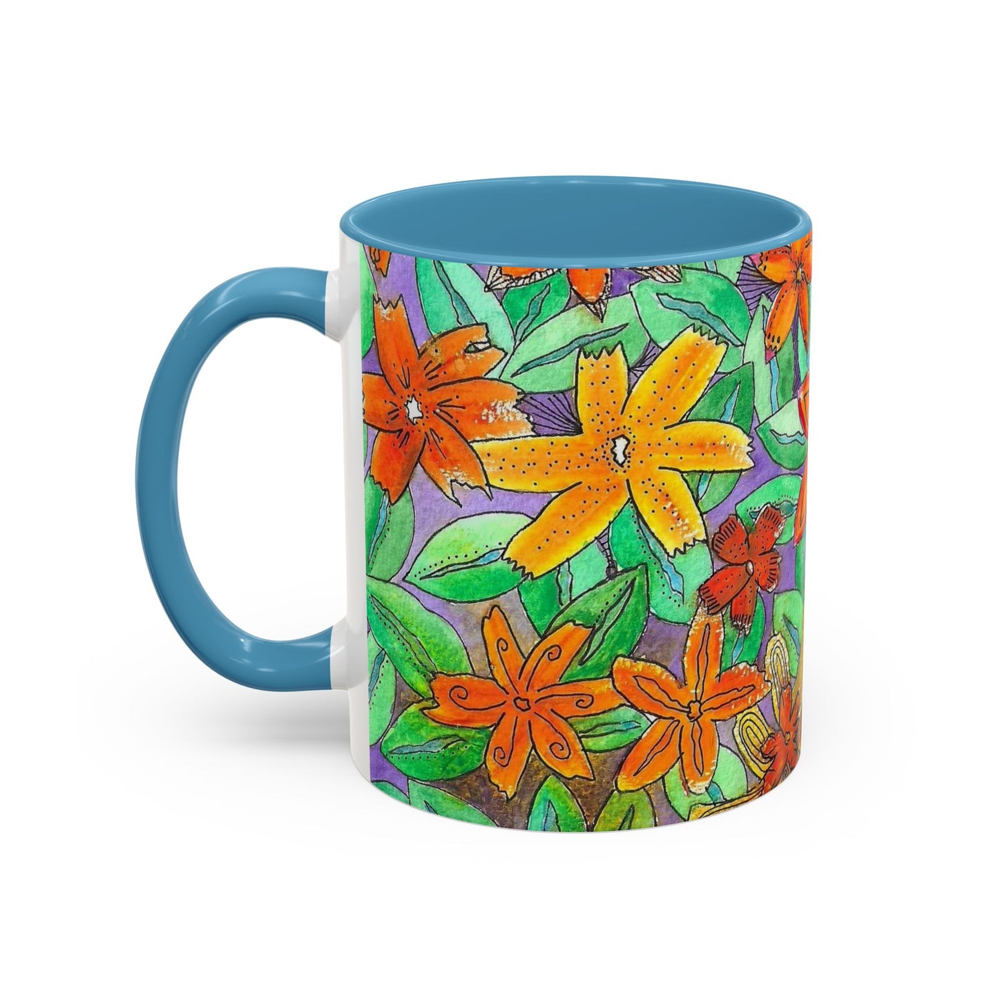 Floral Burst Accent Coffee Mug — Orange & Green Hand-Drawn Flower Design (11 oz)