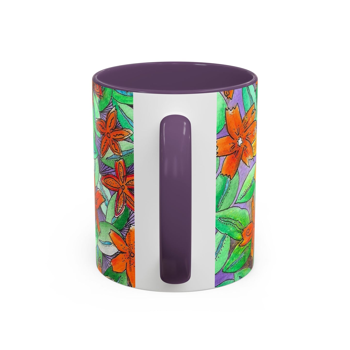 Floral Burst Accent Coffee Mug — Orange & Green Hand-Drawn Flower Design (11 oz)