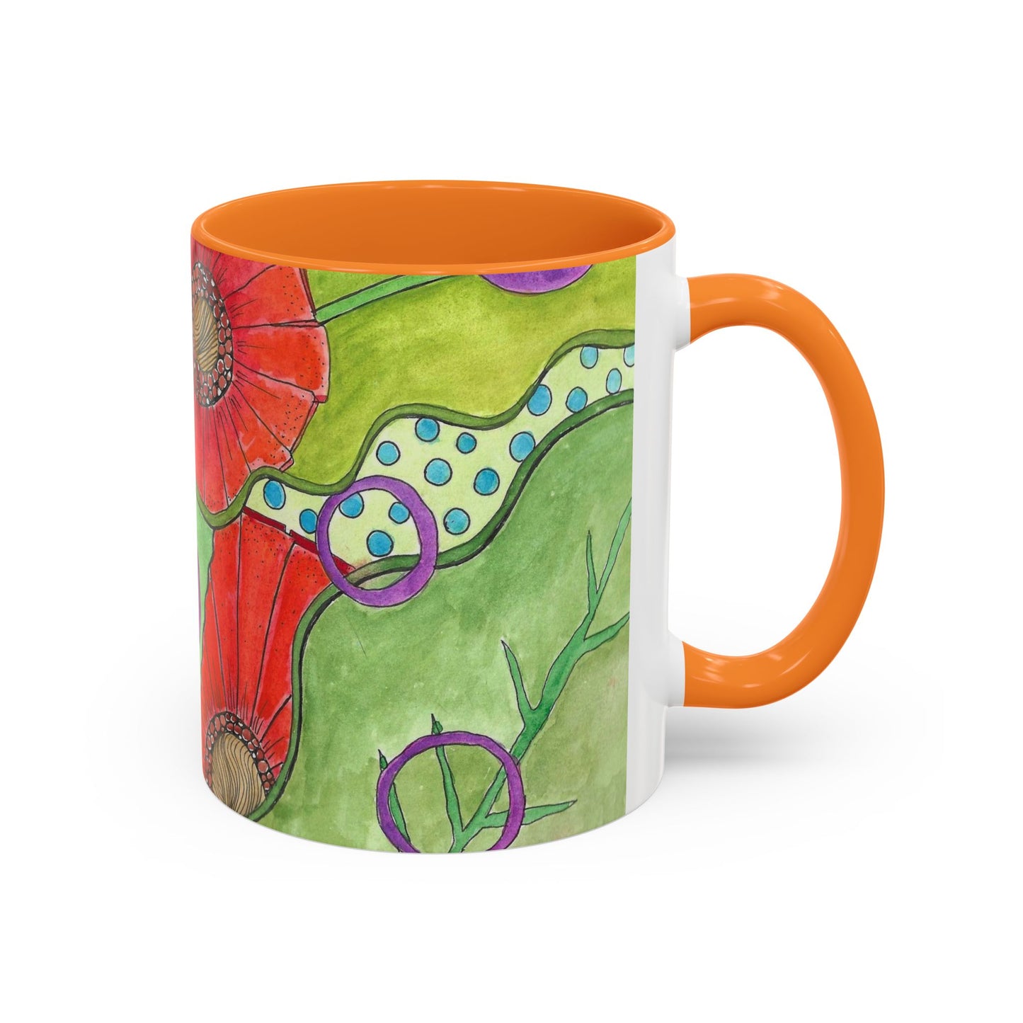Floral Pop Art Mug — Bright Red Poppies on Green Background 11oz