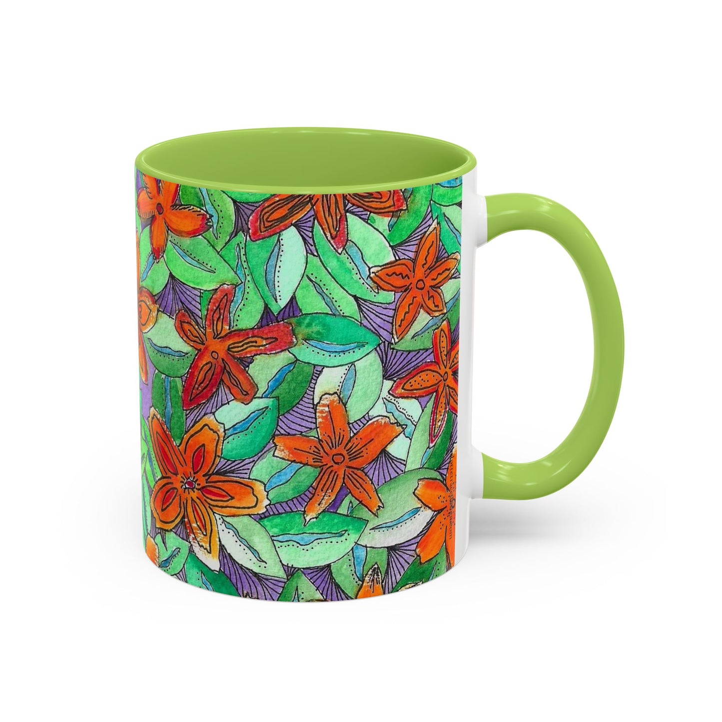 Floral Burst Accent Coffee Mug — Orange & Green Hand-Drawn Flower Design (11 oz)