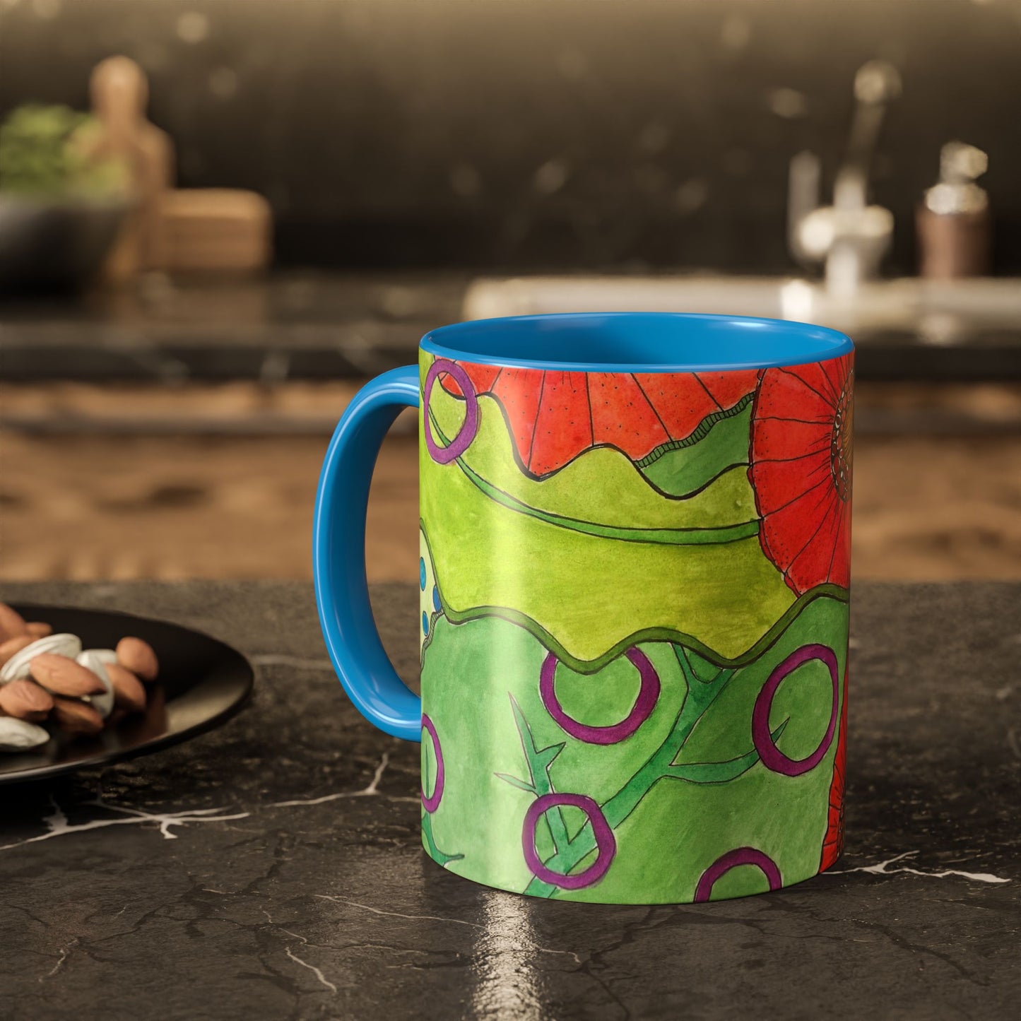 Floral Pop Art Mug — Bright Red Poppies on Green Background 11oz