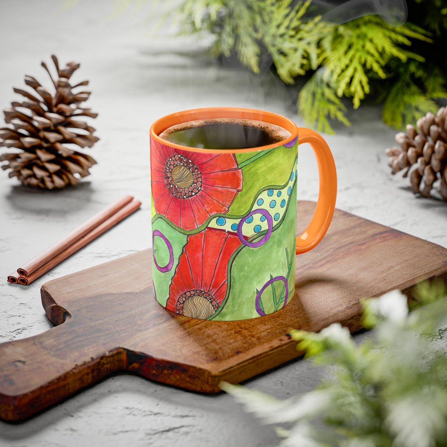 Floral Pop Art Mug — Bright Red Poppies on Green Background 11oz