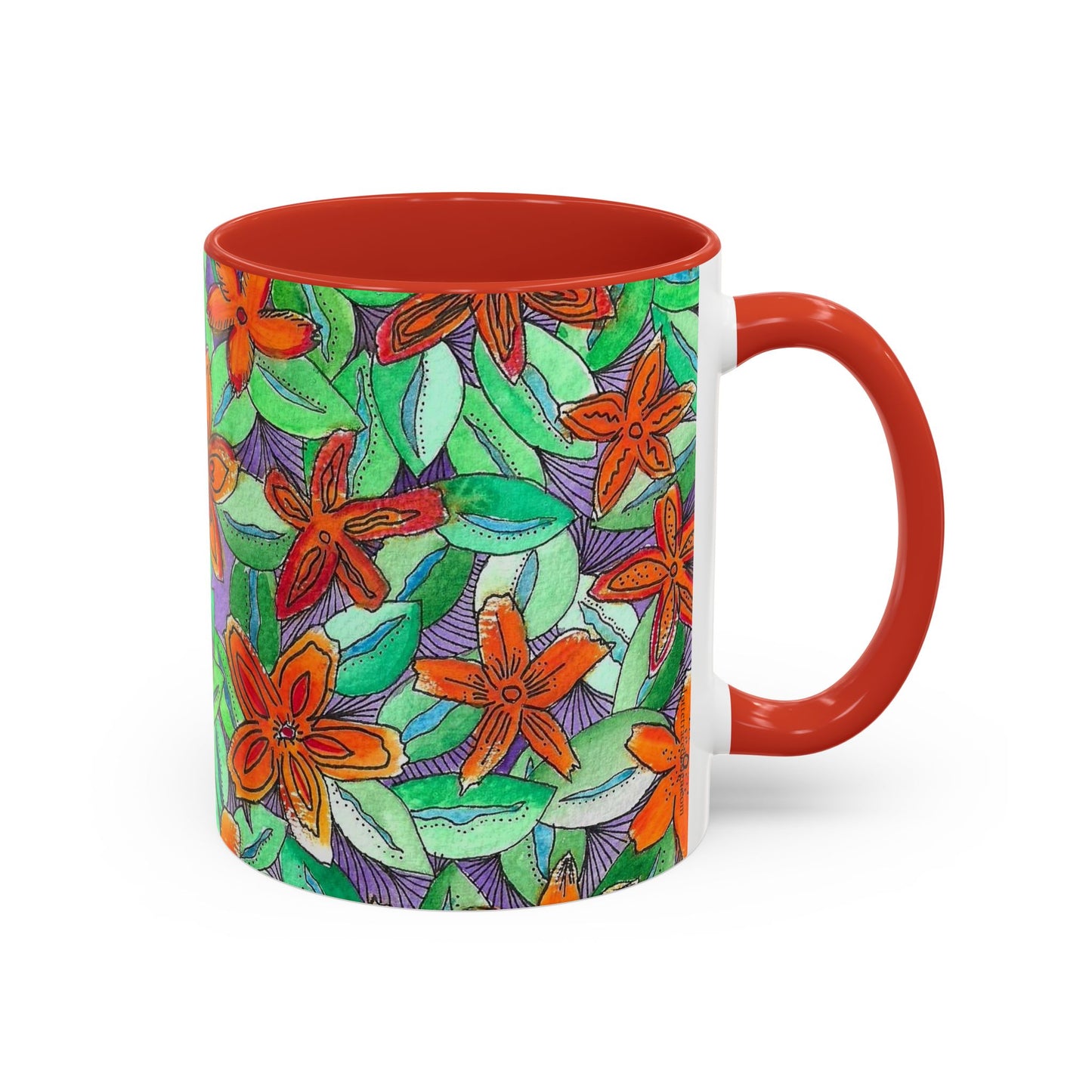 Floral Burst Accent Coffee Mug — Orange & Green Hand-Drawn Flower Design (11 oz)