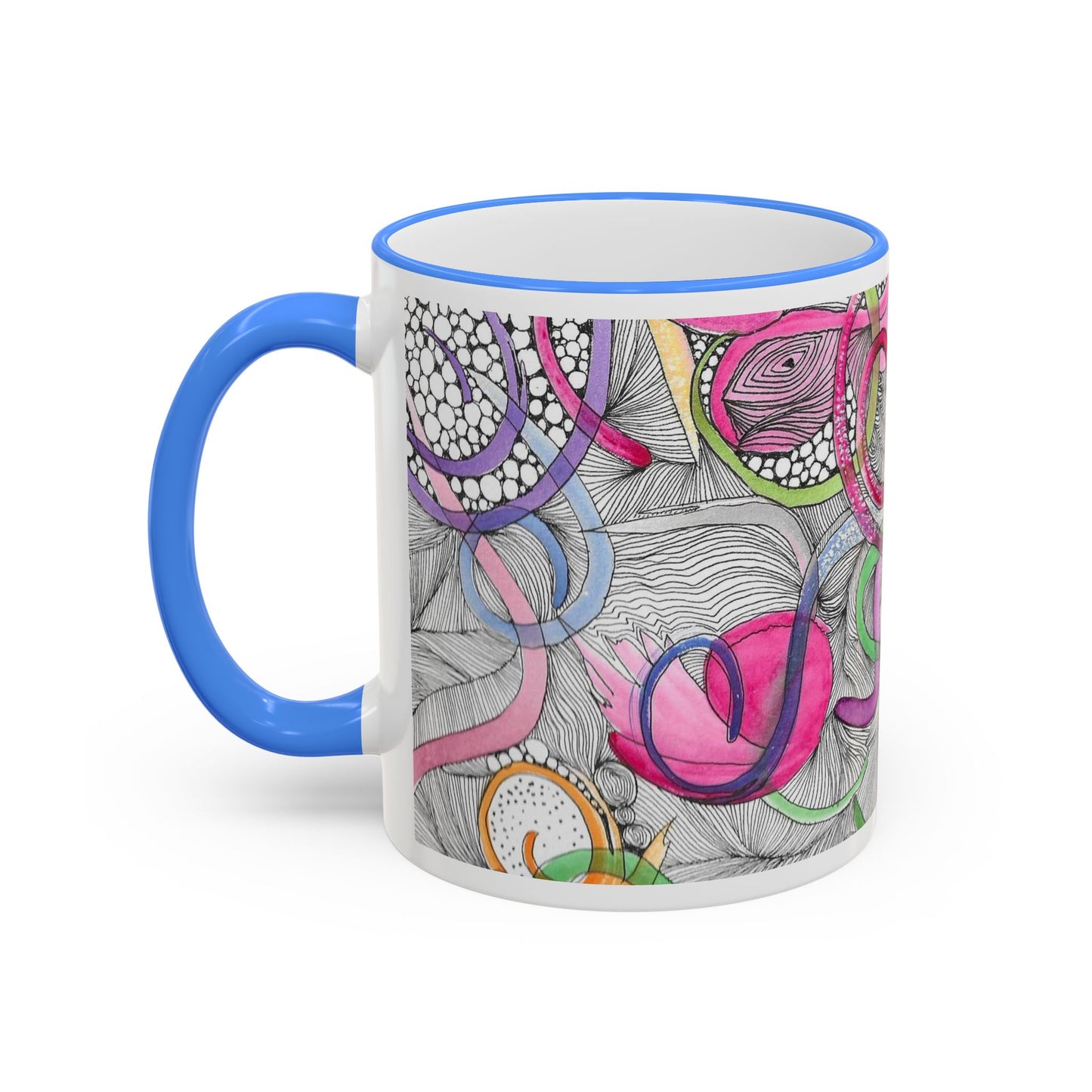 Abstract Colorful Swirls Accent Rim Mug — Artistic Floral Doodle Coffee Cup (11oz/15oz)