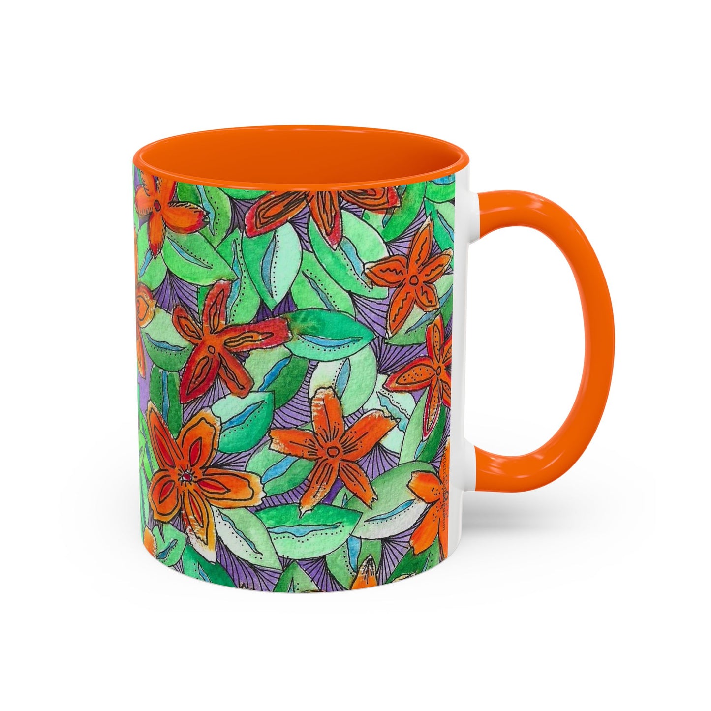 Floral Burst Accent Coffee Mug — Orange & Green Hand-Drawn Flower Design (11 oz)