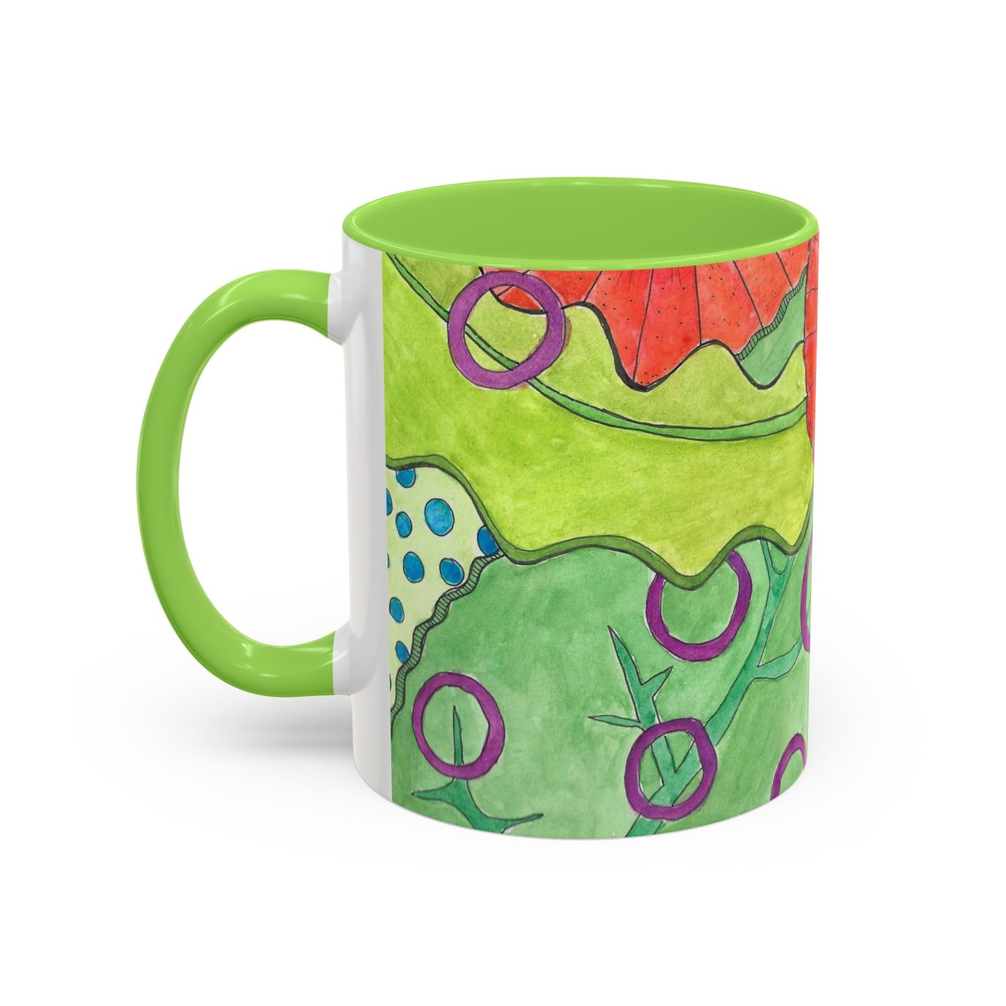 Floral Pop Art Mug — Bright Red Poppies on Green Background 11oz
