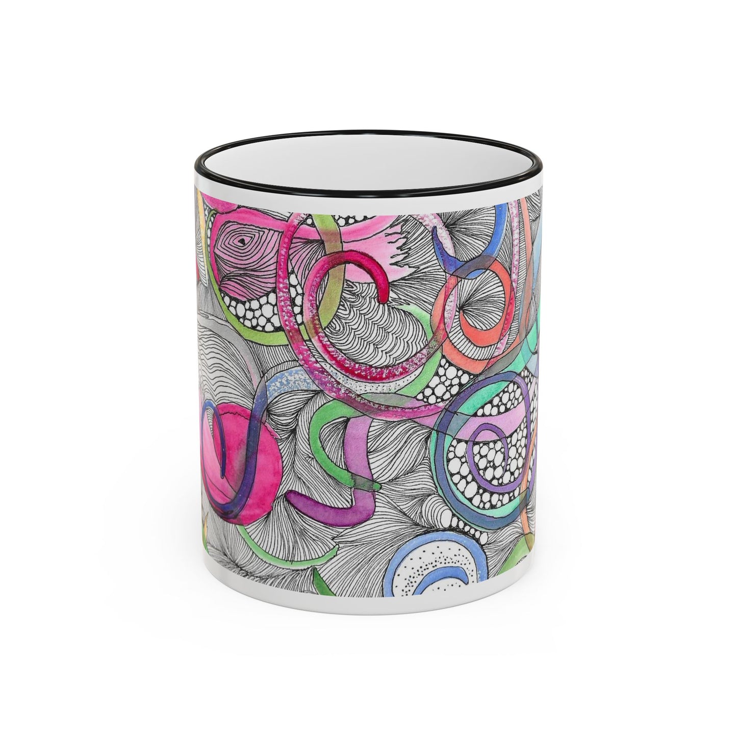 Abstract Colorful Swirls Accent Rim Mug — Artistic Floral Doodle Coffee Cup (11oz/15oz)