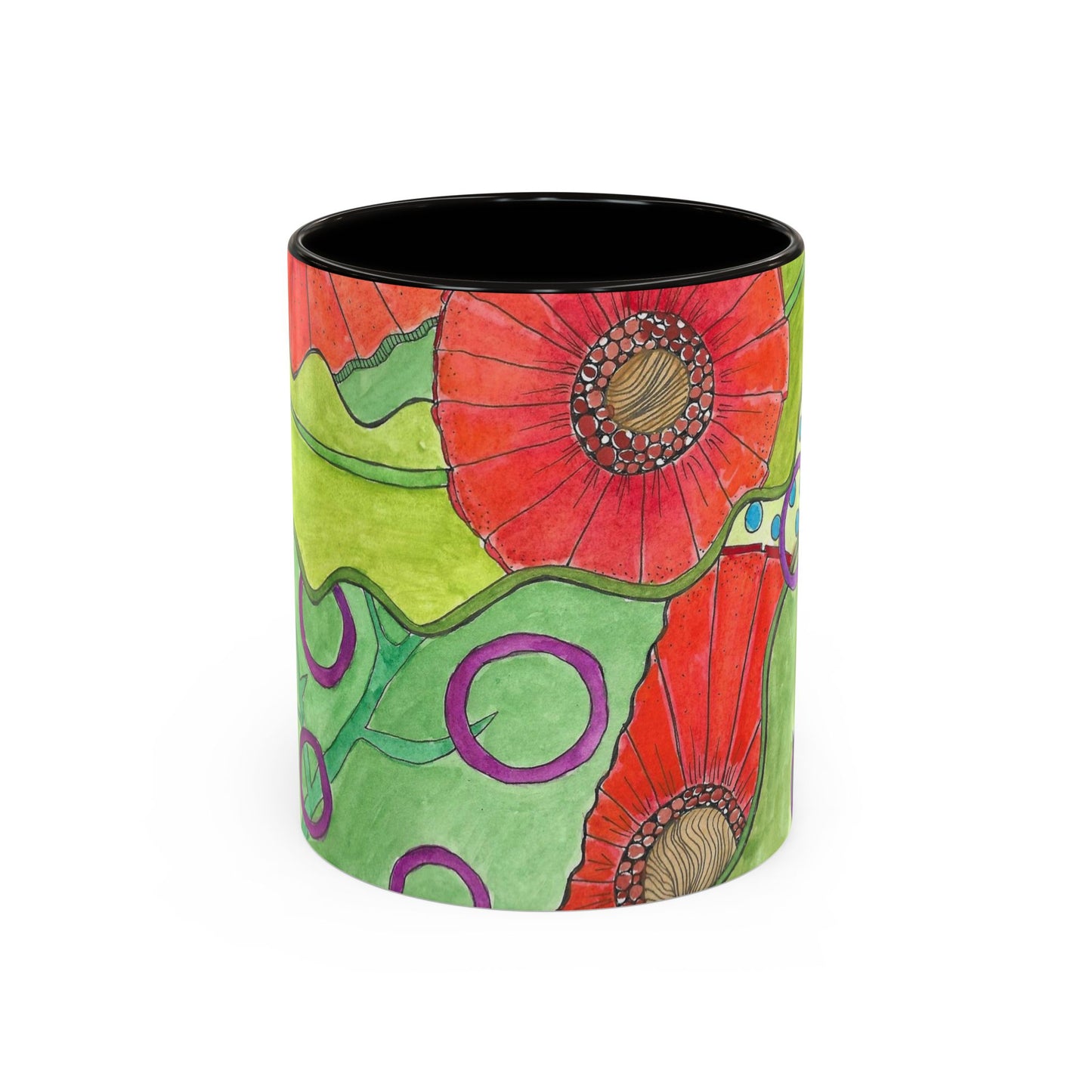 Floral Pop Art Mug — Bright Red Poppies on Green Background 11oz