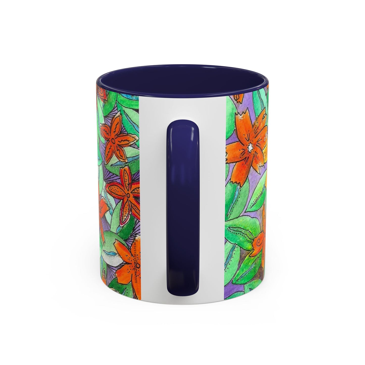 Floral Burst Accent Coffee Mug — Orange & Green Hand-Drawn Flower Design (11 oz)