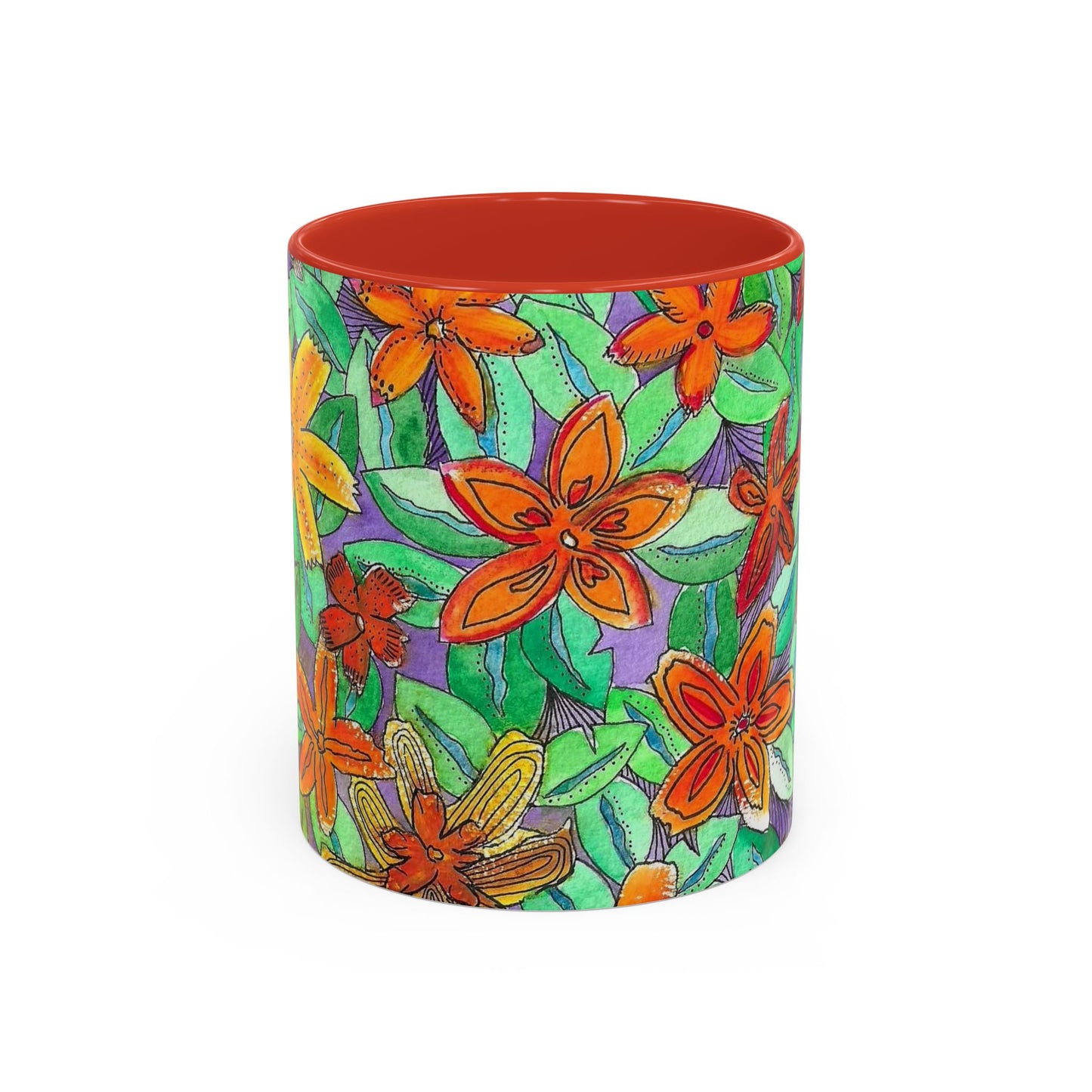 Floral Burst Accent Coffee Mug — Orange & Green Hand-Drawn Flower Design (11 oz)