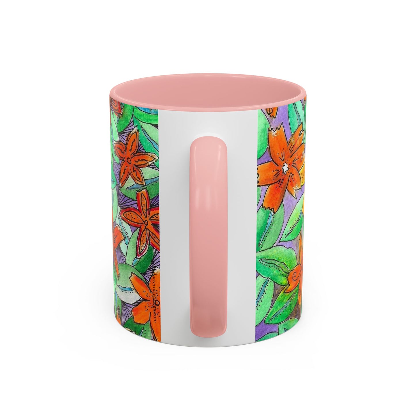 Floral Burst Accent Coffee Mug — Orange & Green Hand-Drawn Flower Design (11 oz)