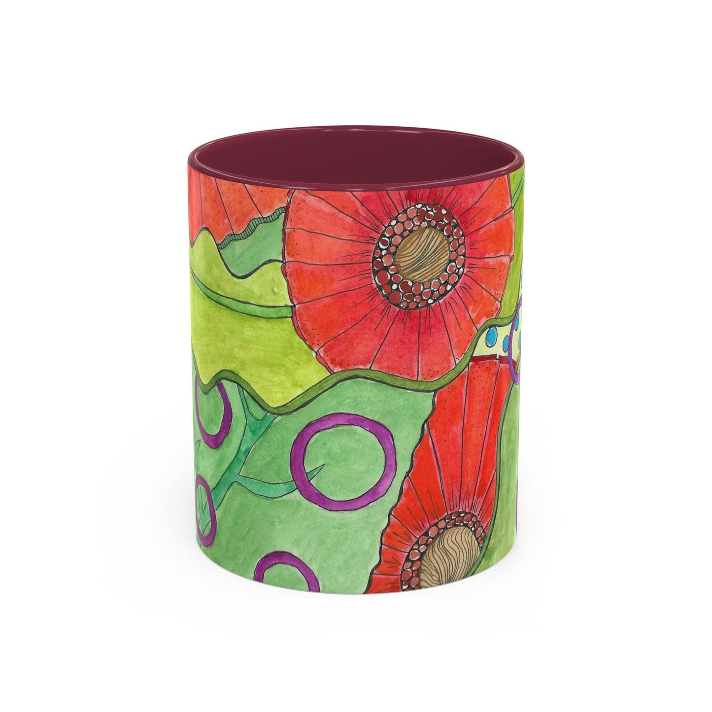 Floral Pop Art Mug — Bright Red Poppies on Green Background 11oz