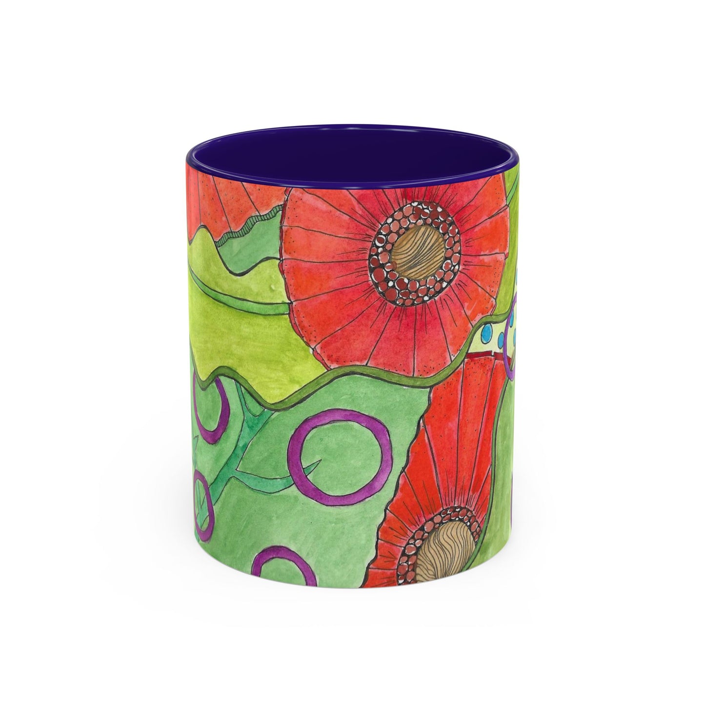 Floral Pop Art Mug — Bright Red Poppies on Green Background 11oz
