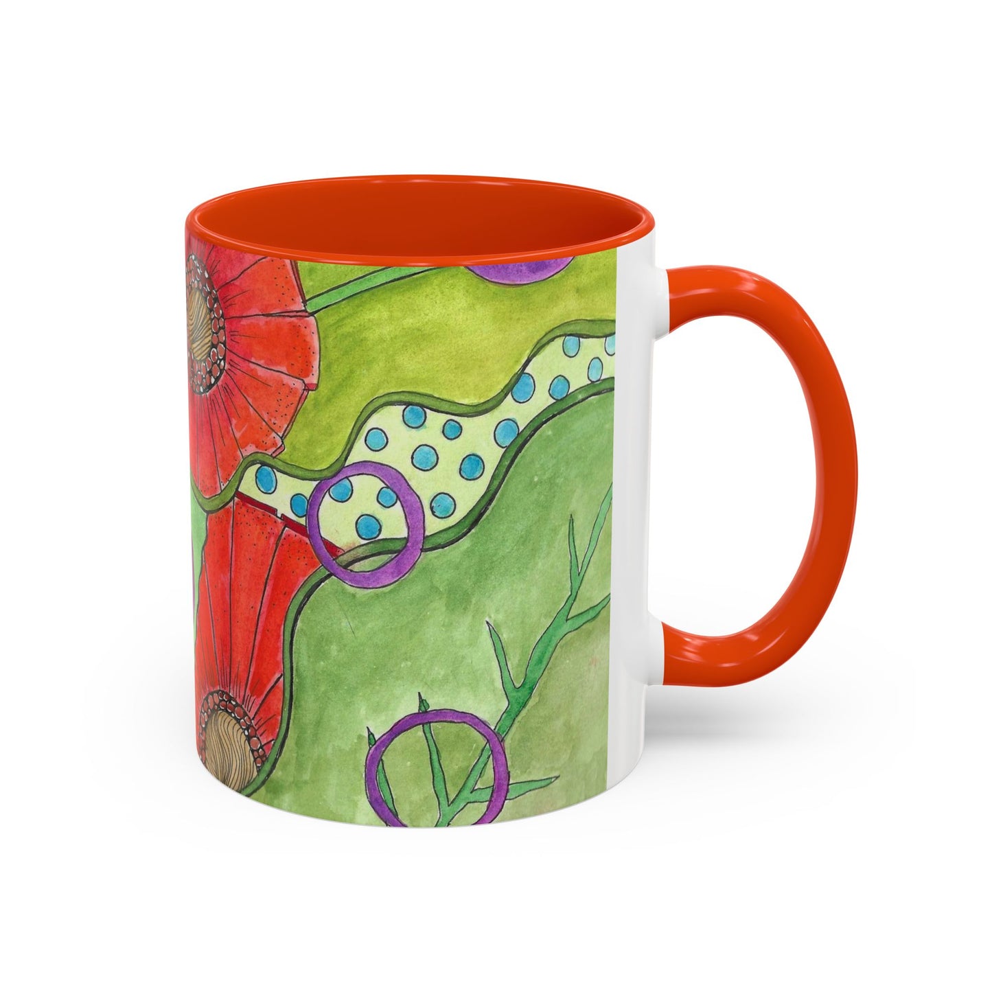 Floral Pop Art Mug — Bright Red Poppies on Green Background 11oz