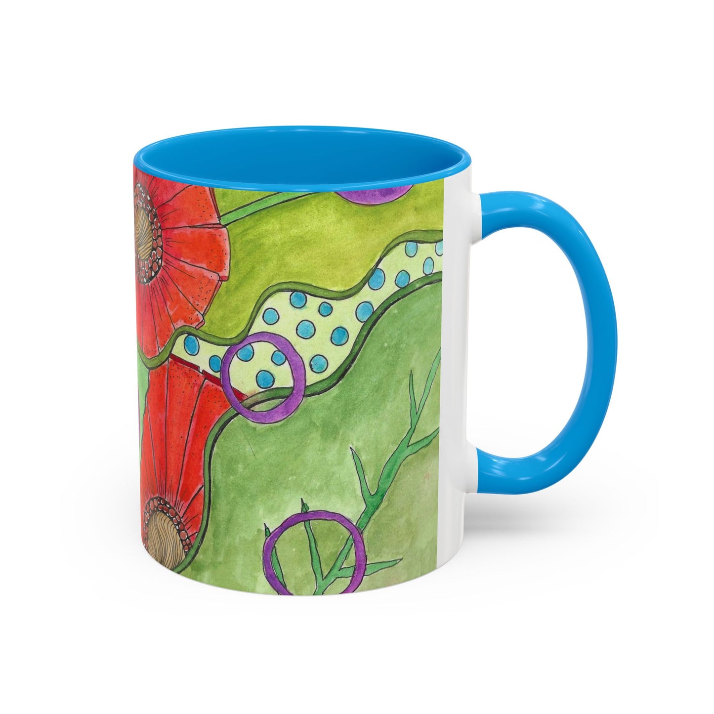 Floral Pop Art Mug — Bright Red Poppies on Green Background 11oz