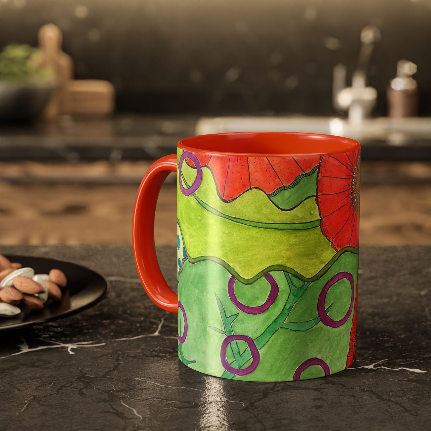 Floral Pop Art Mug — Bright Red Poppies on Green Background 11oz