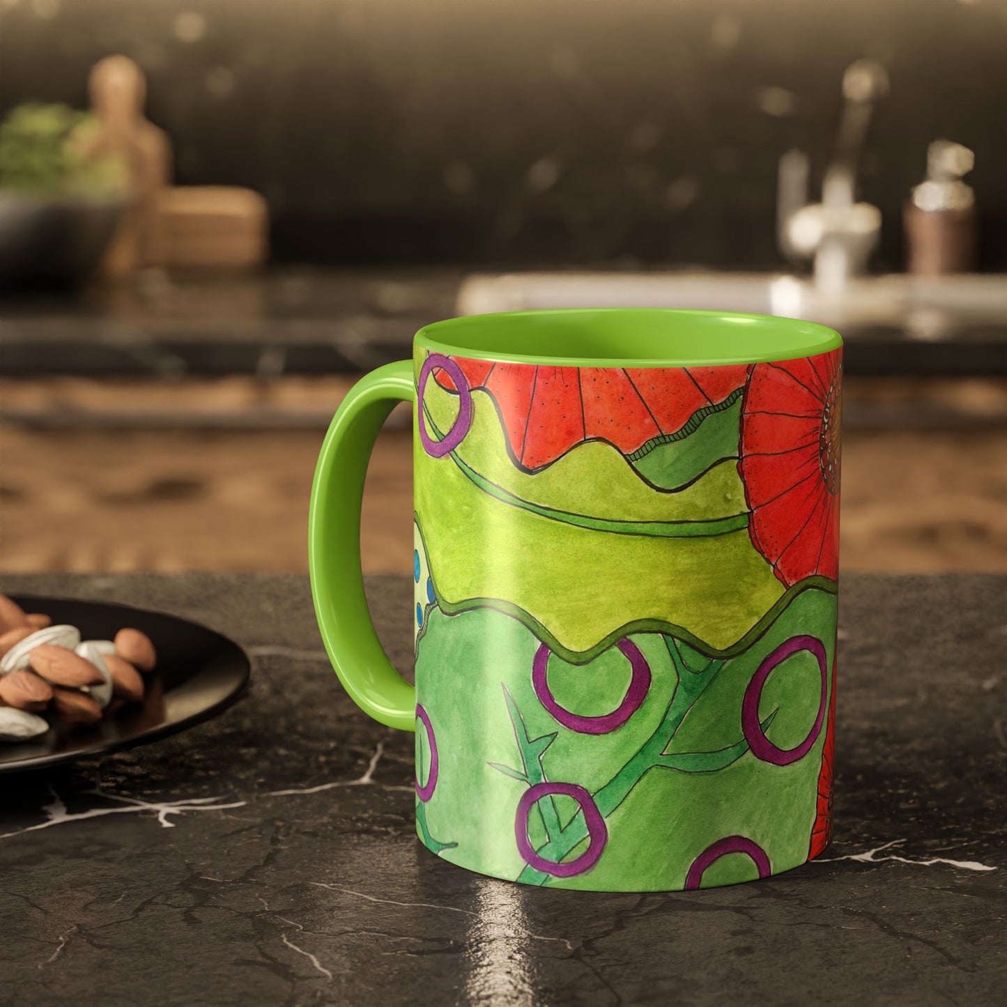 Floral Pop Art Mug — Bright Red Poppies on Green Background 11oz
