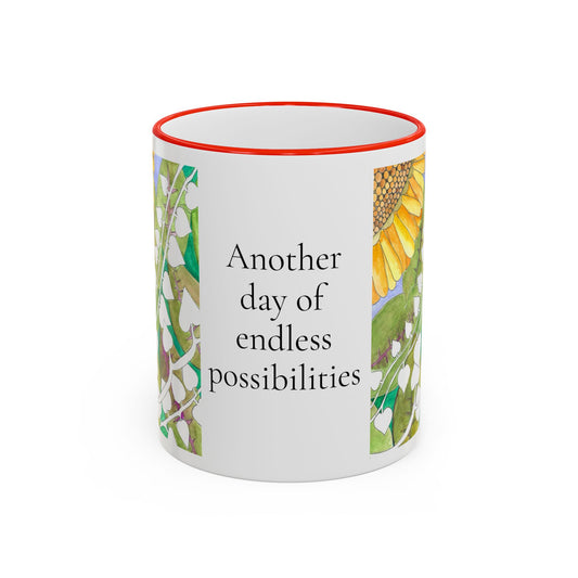 Inspirational Sunflower Accent Rim Mug — "Another day of endless possibilities" 11oz