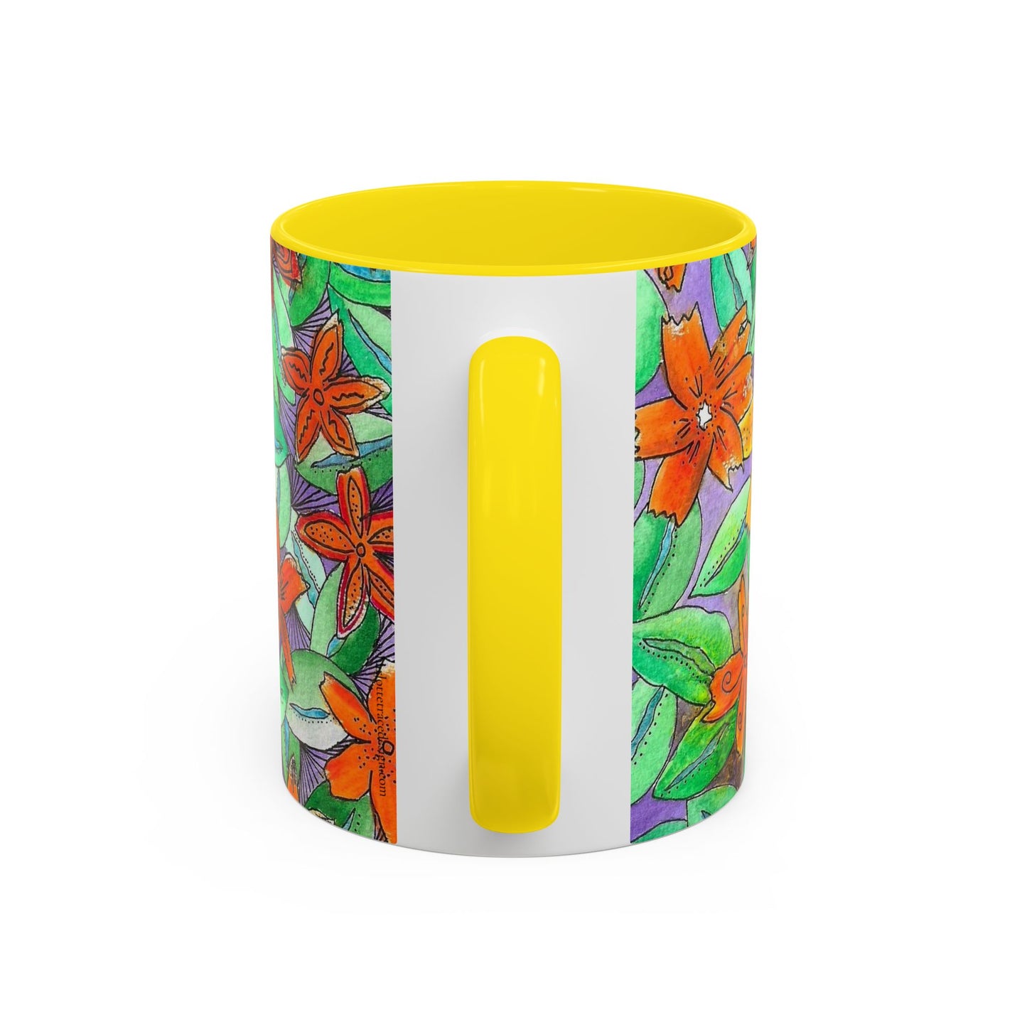 Floral Burst Accent Coffee Mug — Orange & Green Hand-Drawn Flower Design (11 oz)