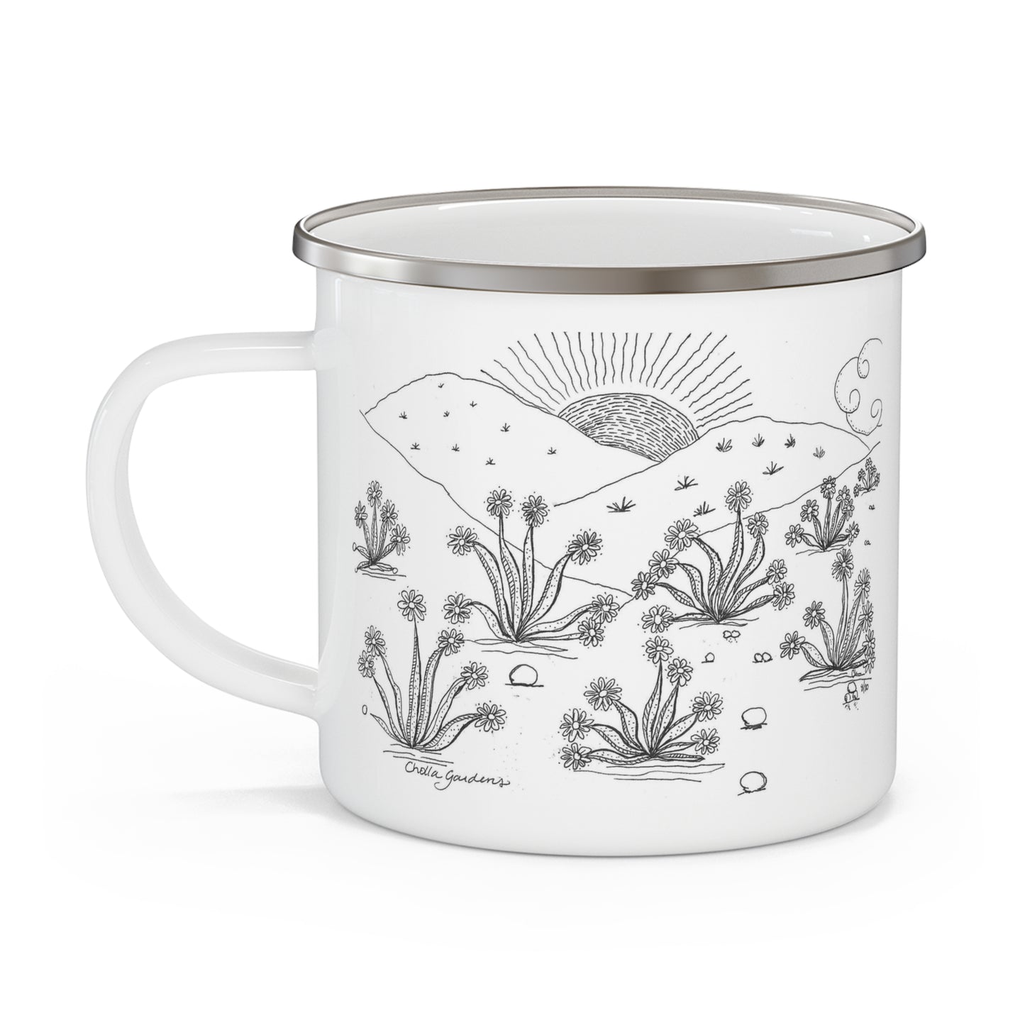 Enamel Camping Mug — Hand-Drawn Desert Sunrise Illustration