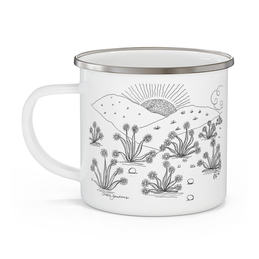Enamel Camping Mug — Hand-Drawn Desert Sunrise Illustration