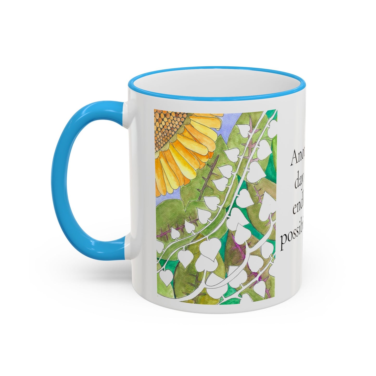 Inspirational Sunflower Accent Rim Mug — "Another day of endless possibilities" 11oz