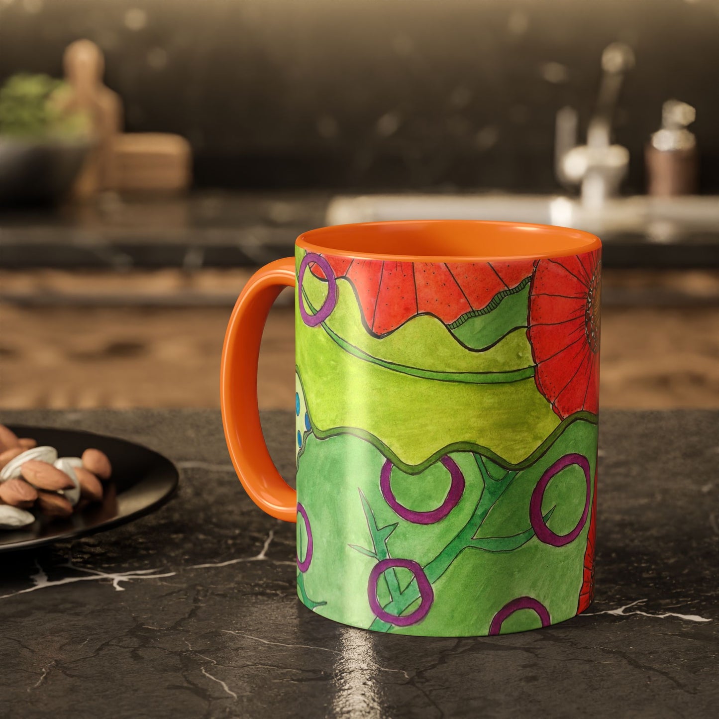Floral Pop Art Mug — Bright Red Poppies on Green Background 11oz