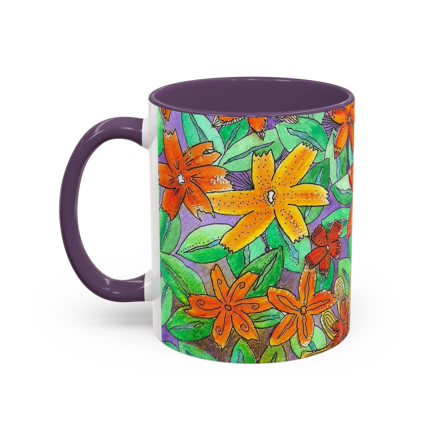 Floral Burst Accent Coffee Mug — Orange & Green Hand-Drawn Flower Design (11 oz)