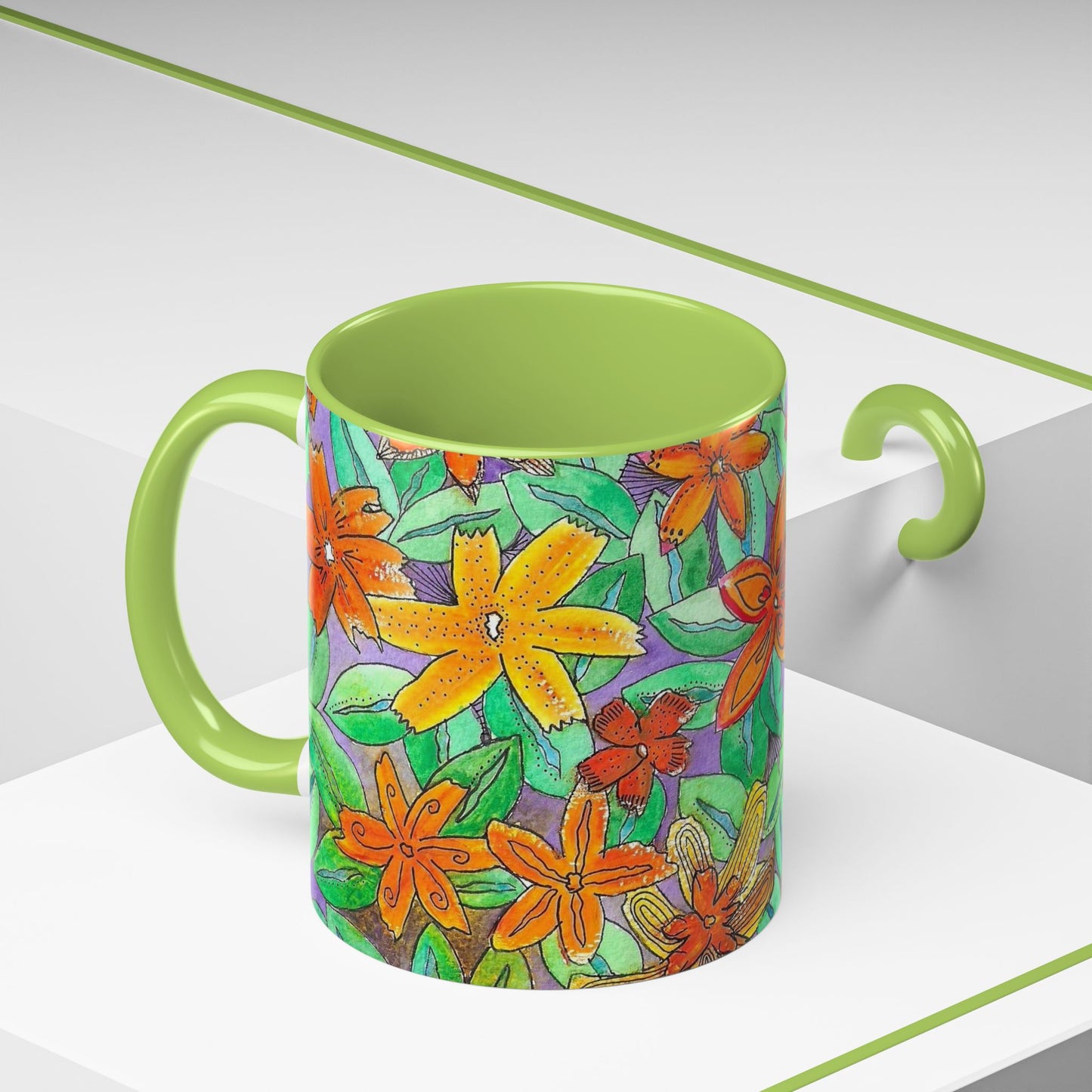 Floral Burst Accent Coffee Mug — Orange & Green Hand-Drawn Flower Design (11 oz)