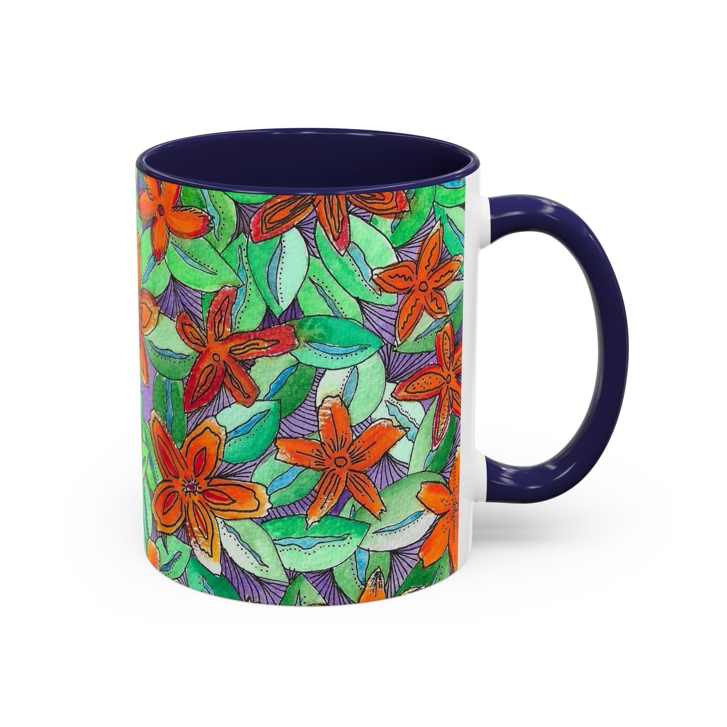 Floral Burst Accent Coffee Mug — Orange & Green Hand-Drawn Flower Design (11 oz)