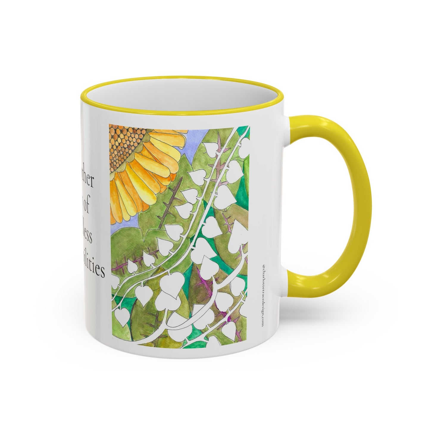 Inspirational Sunflower Accent Rim Mug — "Another day of endless possibilities" 11oz