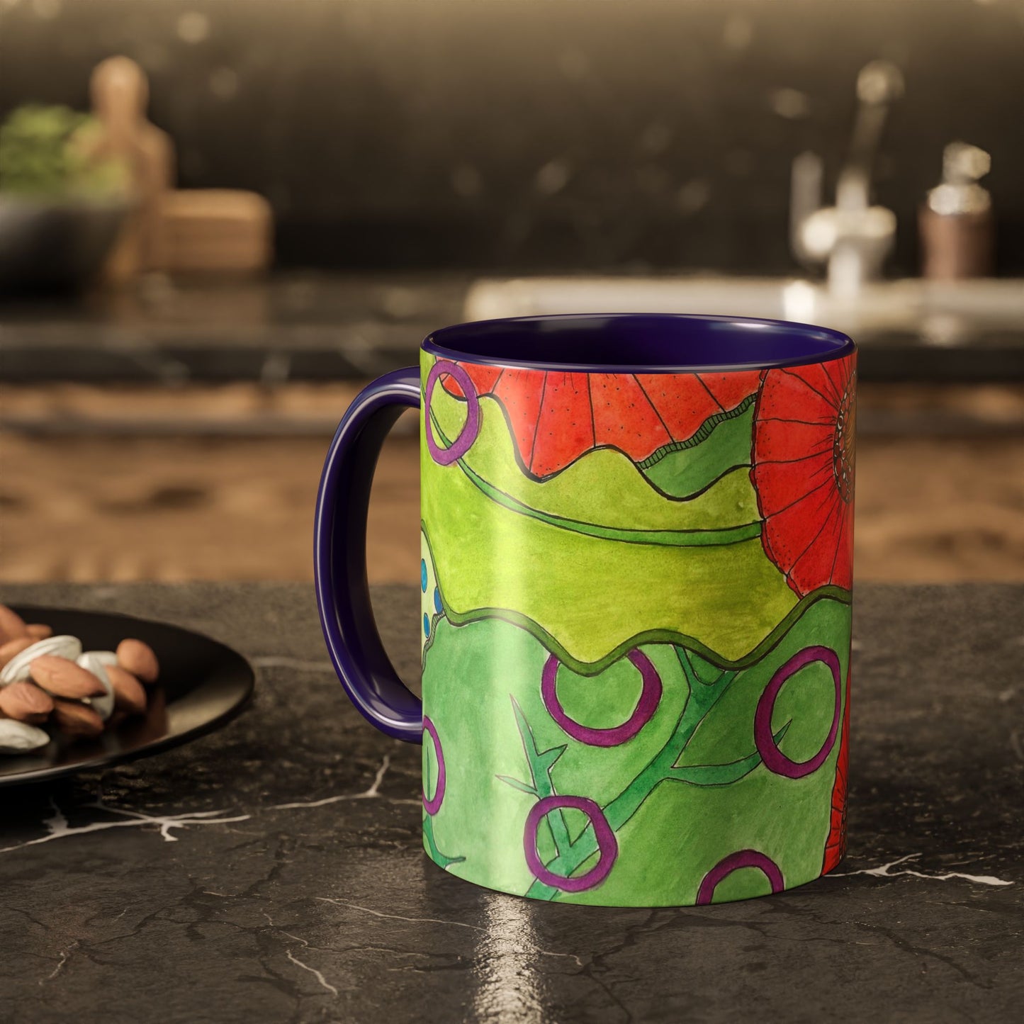 Floral Pop Art Mug — Bright Red Poppies on Green Background 11oz
