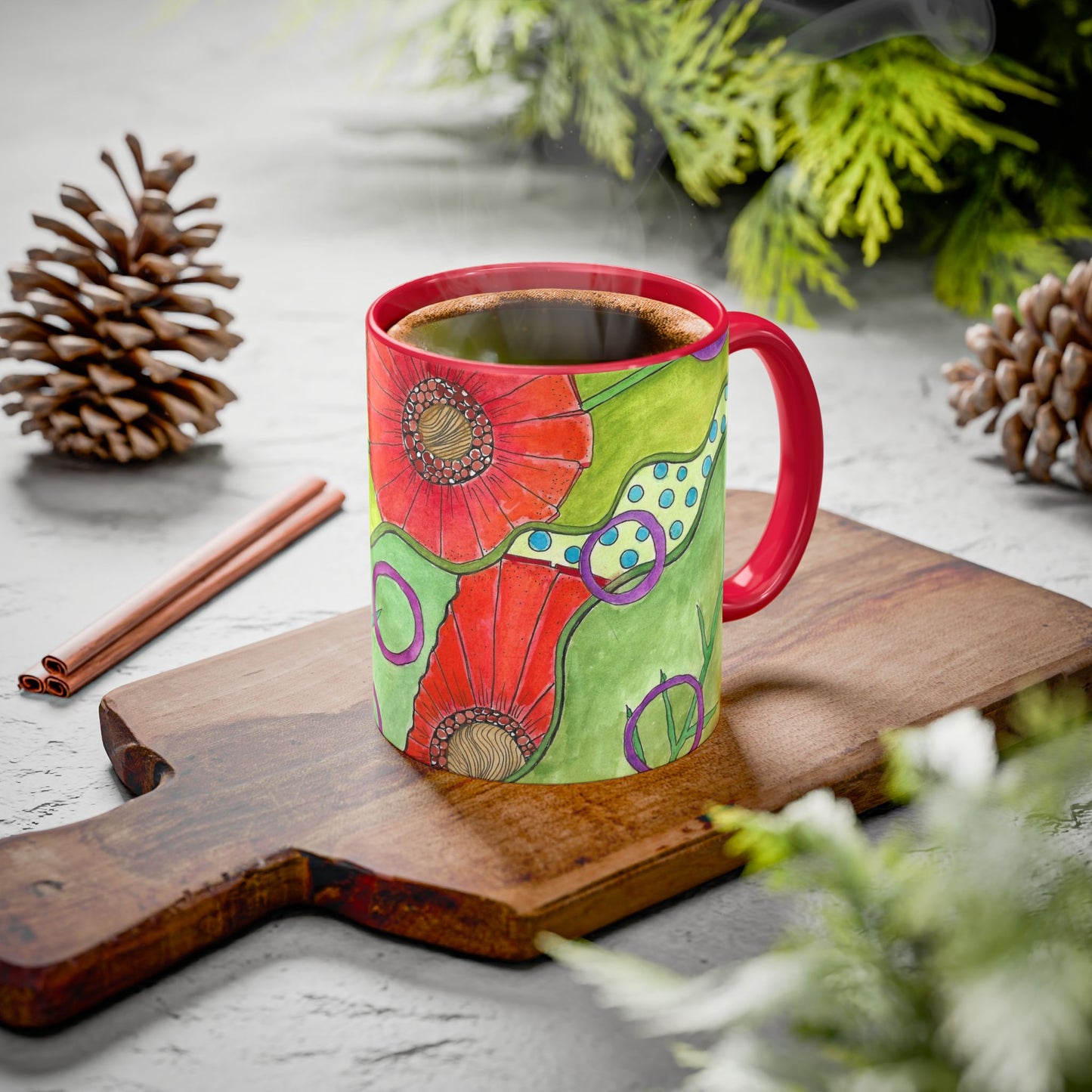 Floral Pop Art Mug — Bright Red Poppies on Green Background 11oz