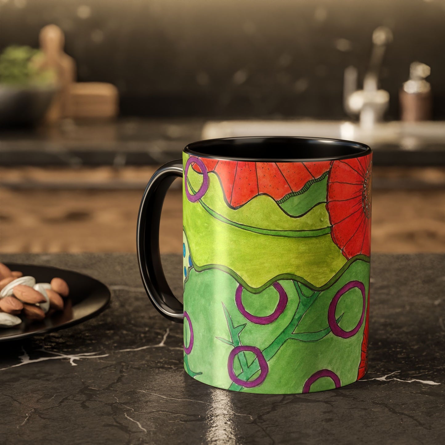 Floral Pop Art Mug — Bright Red Poppies on Green Background 11oz