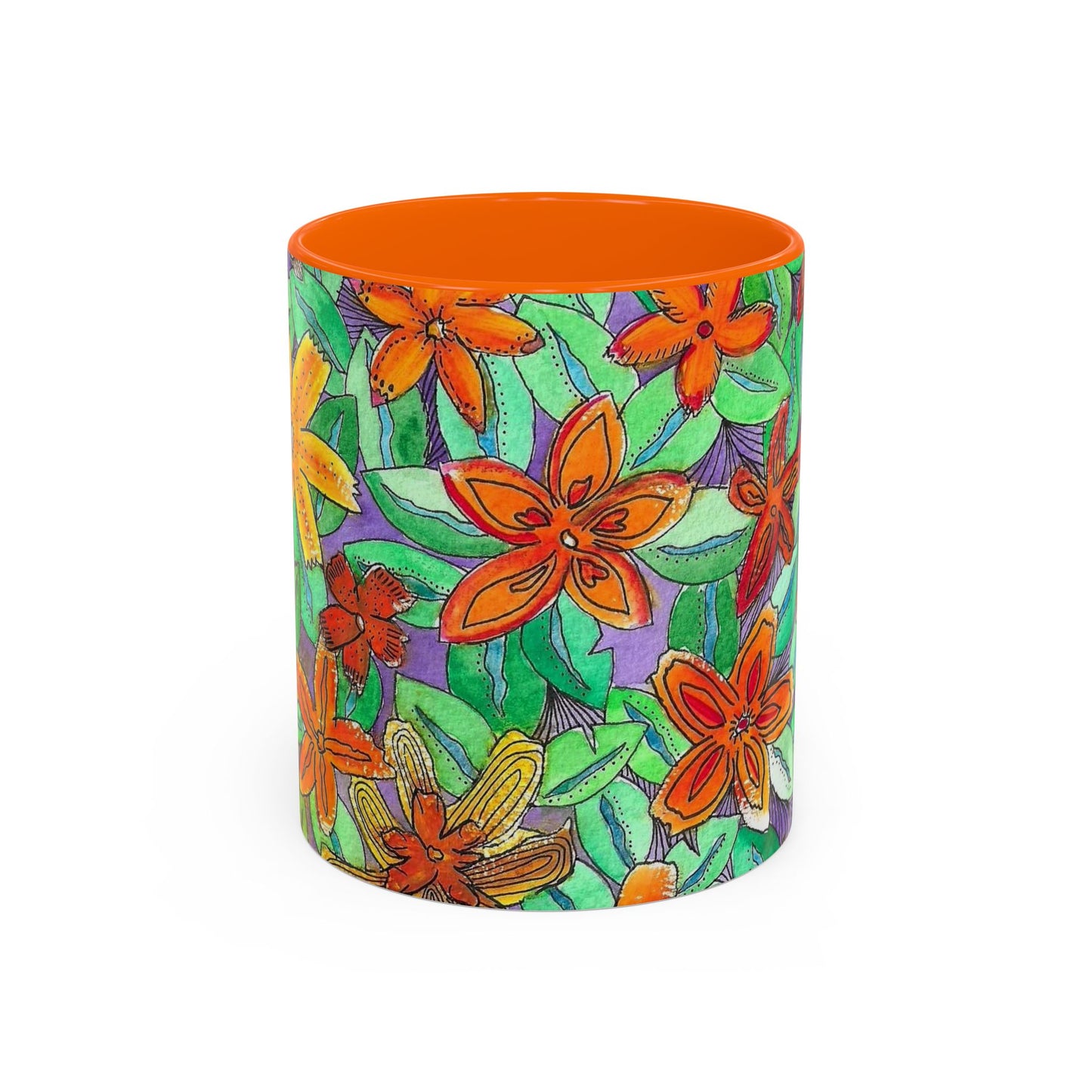 Floral Burst Accent Coffee Mug — Orange & Green Hand-Drawn Flower Design (11 oz)